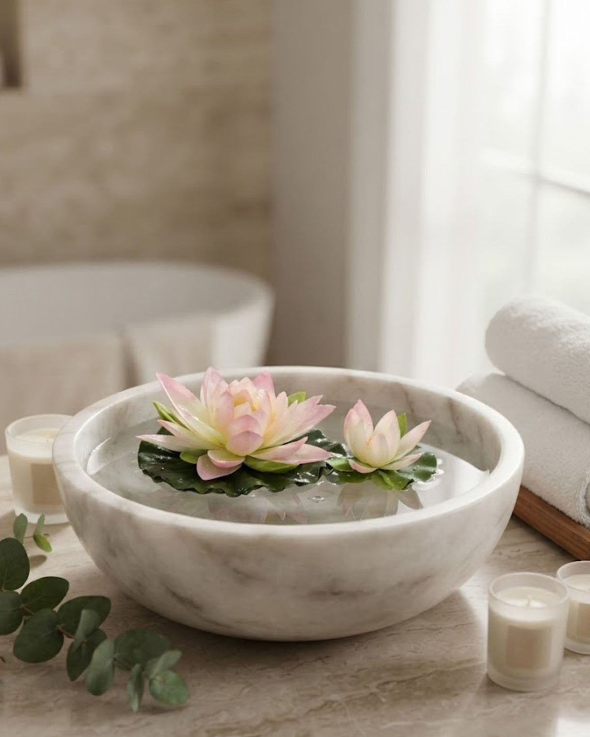 Artificial floating water lily flowers in a stone bowl, pink and cream petals with yellow centers