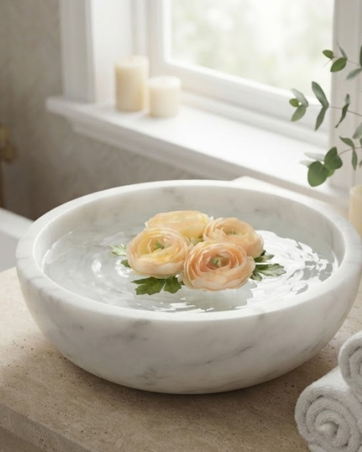 Pale peach artificial ranunculus flowers floating in a white bowl, green leaves