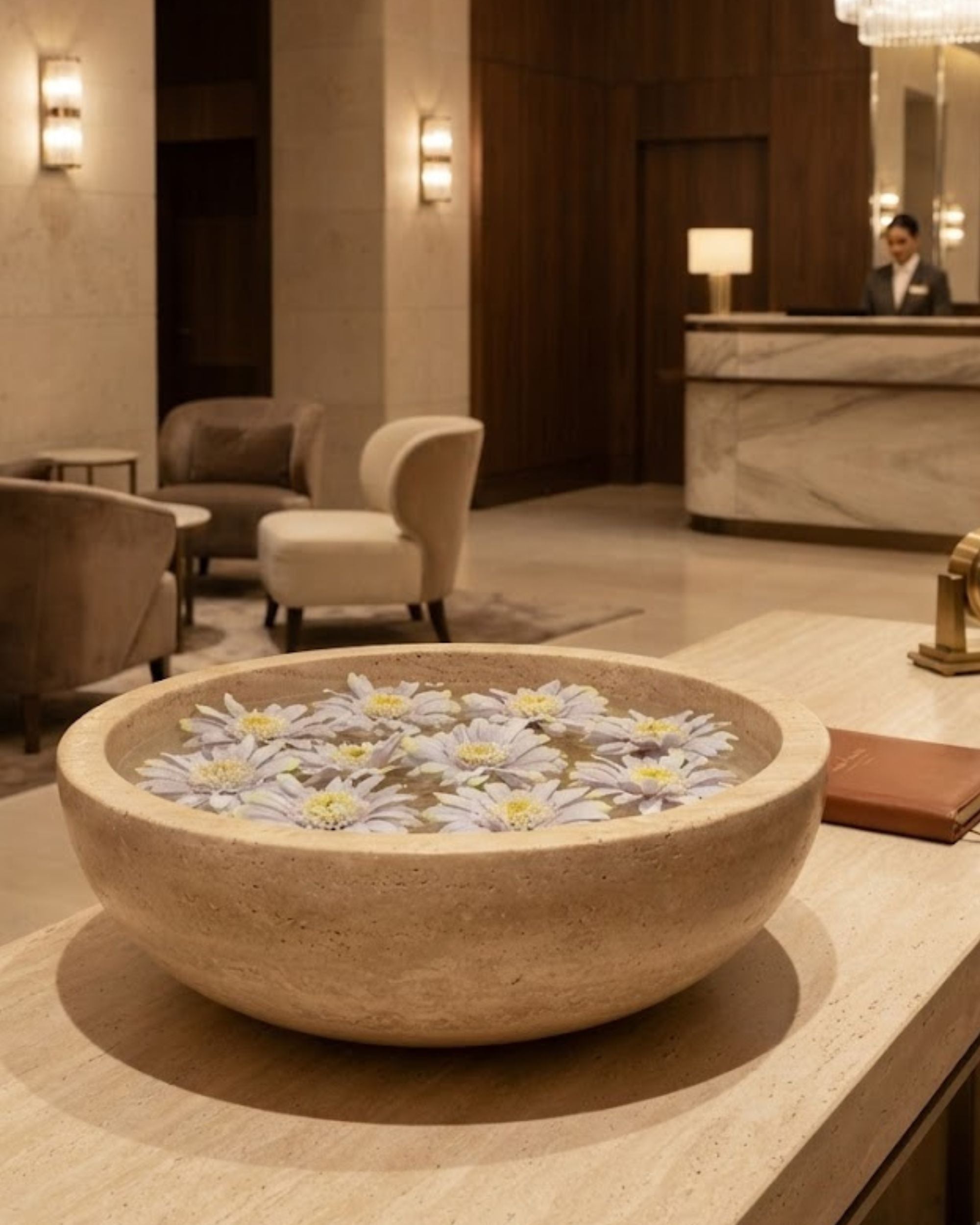 Lavender artificial floating lotus flowers on water in a stone bowl