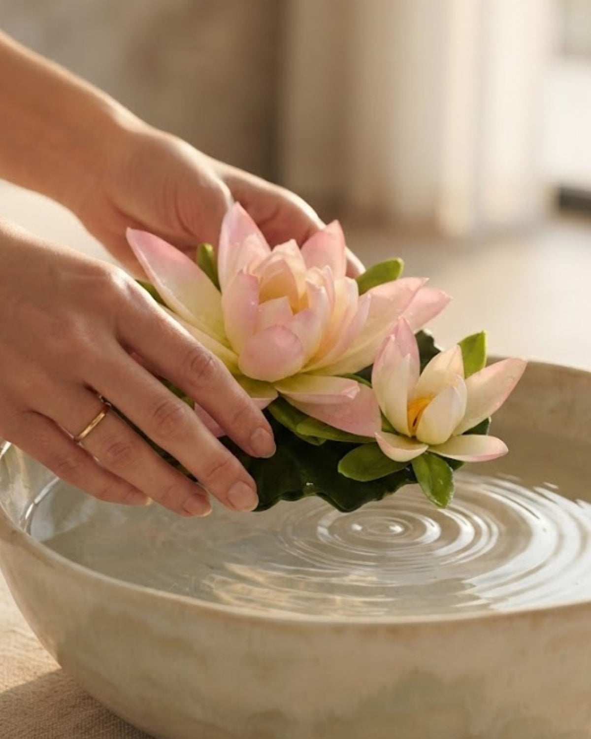 Artificial floating water lily placed in a beige bowl, pink and cream petals with yellow center