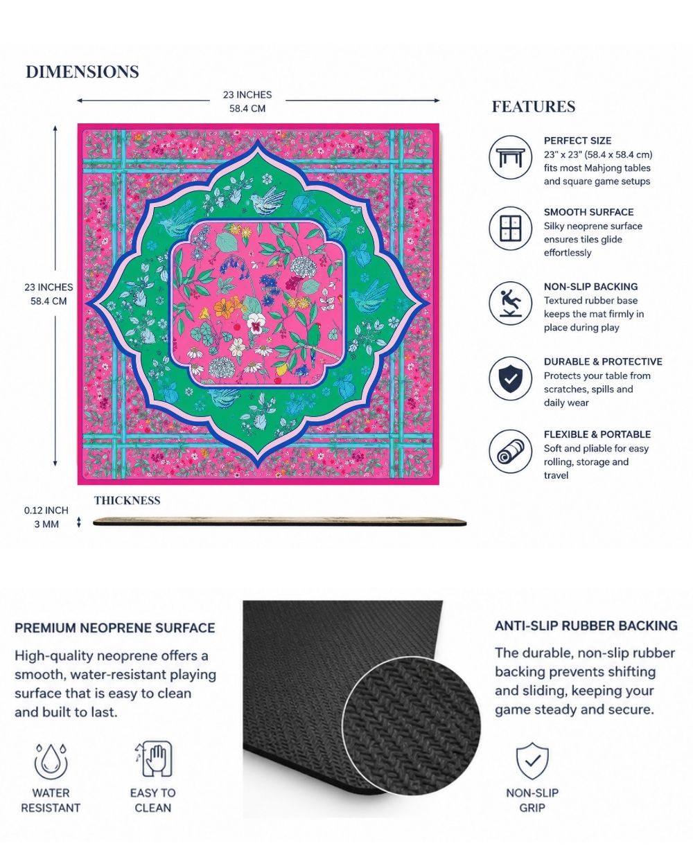 Premsons® Floral Bloom Mahjong Table Mat – Premium Anti-Slip Square Gaming & Decorative Mat - 23 x 23 inch - Versatile Non-Slip Play Surface