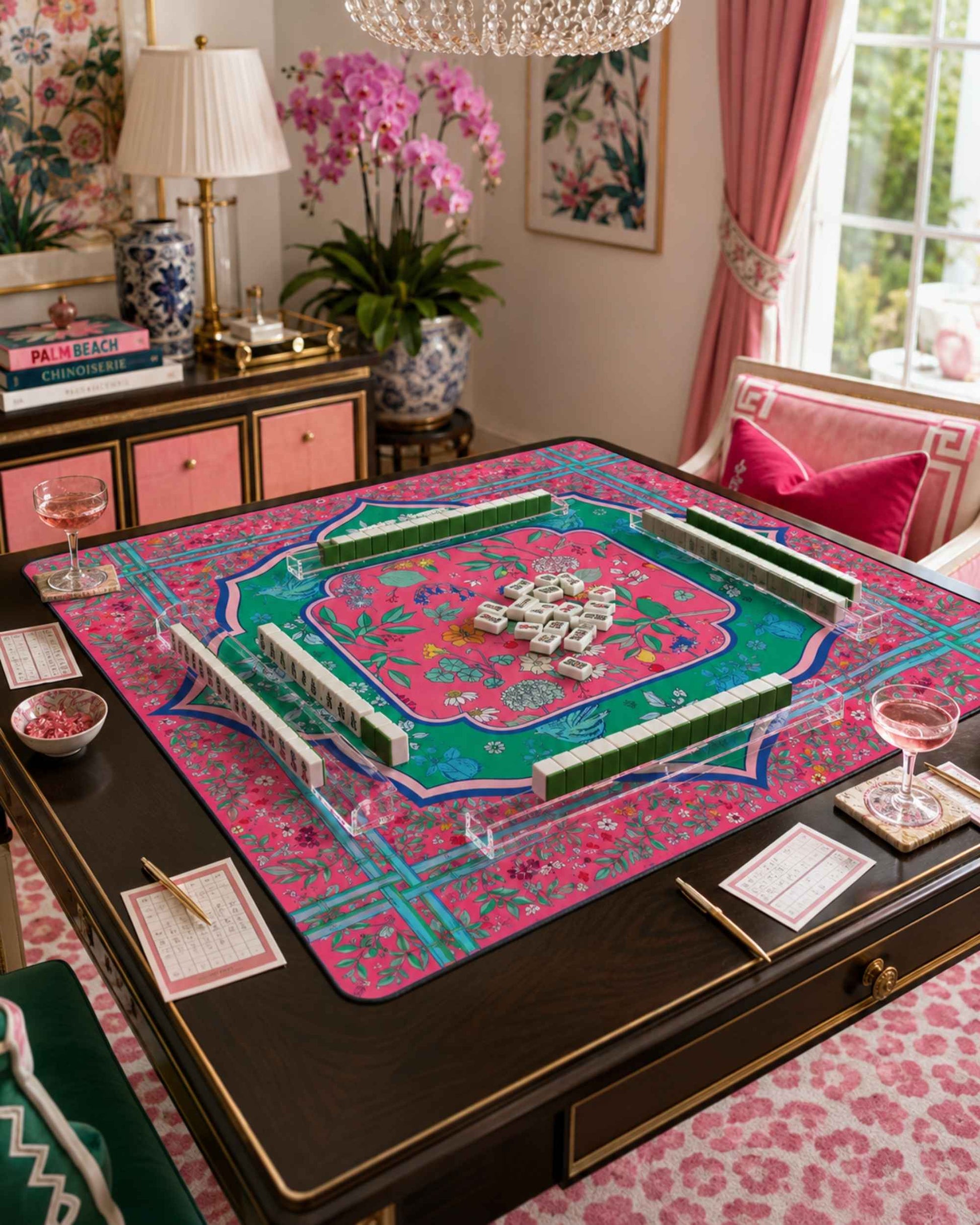 Floral mahjong table mat, square design with green, pink and teal border