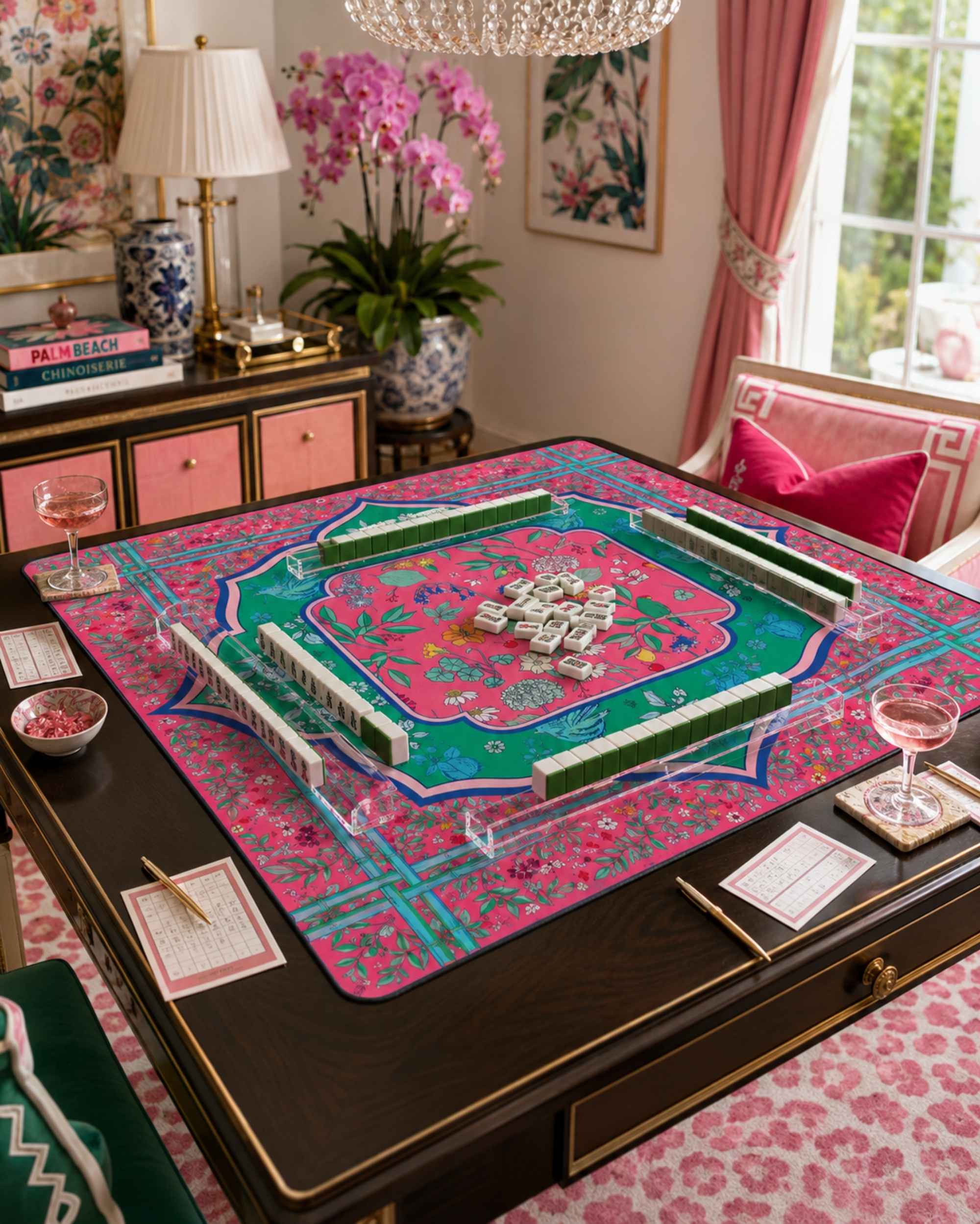Floral mahjong table mat, square design with green, pink and teal border
