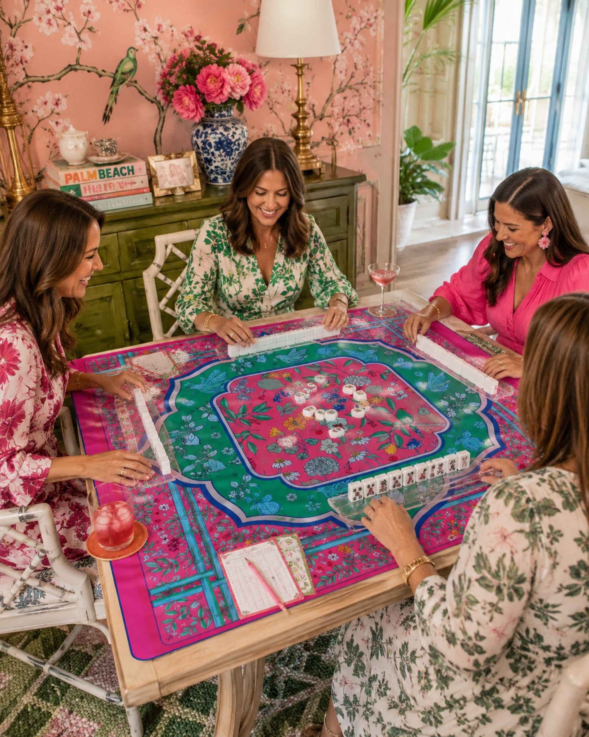 Floral mahjong table mat, square play surface with floral motif for game night