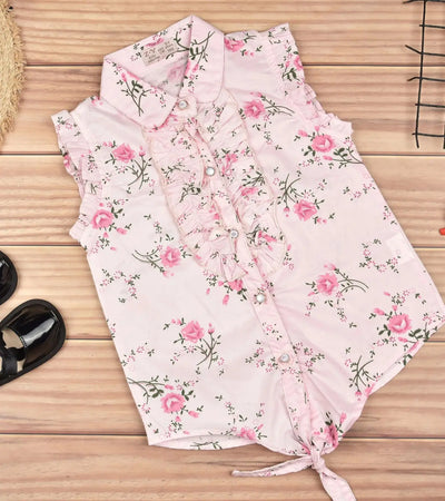 Premsons® Floral Fantasy Girls’ Sleeveless Floral Top with Tie Knot & Ruffle Detail – Casual Shirt with Pockets