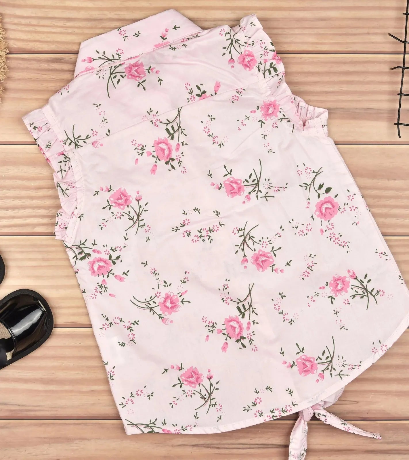 Premsons® Floral Fantasy Girls’ Sleeveless Floral Top with Tie Knot & Ruffle Detail – Casual Shirt with Pockets