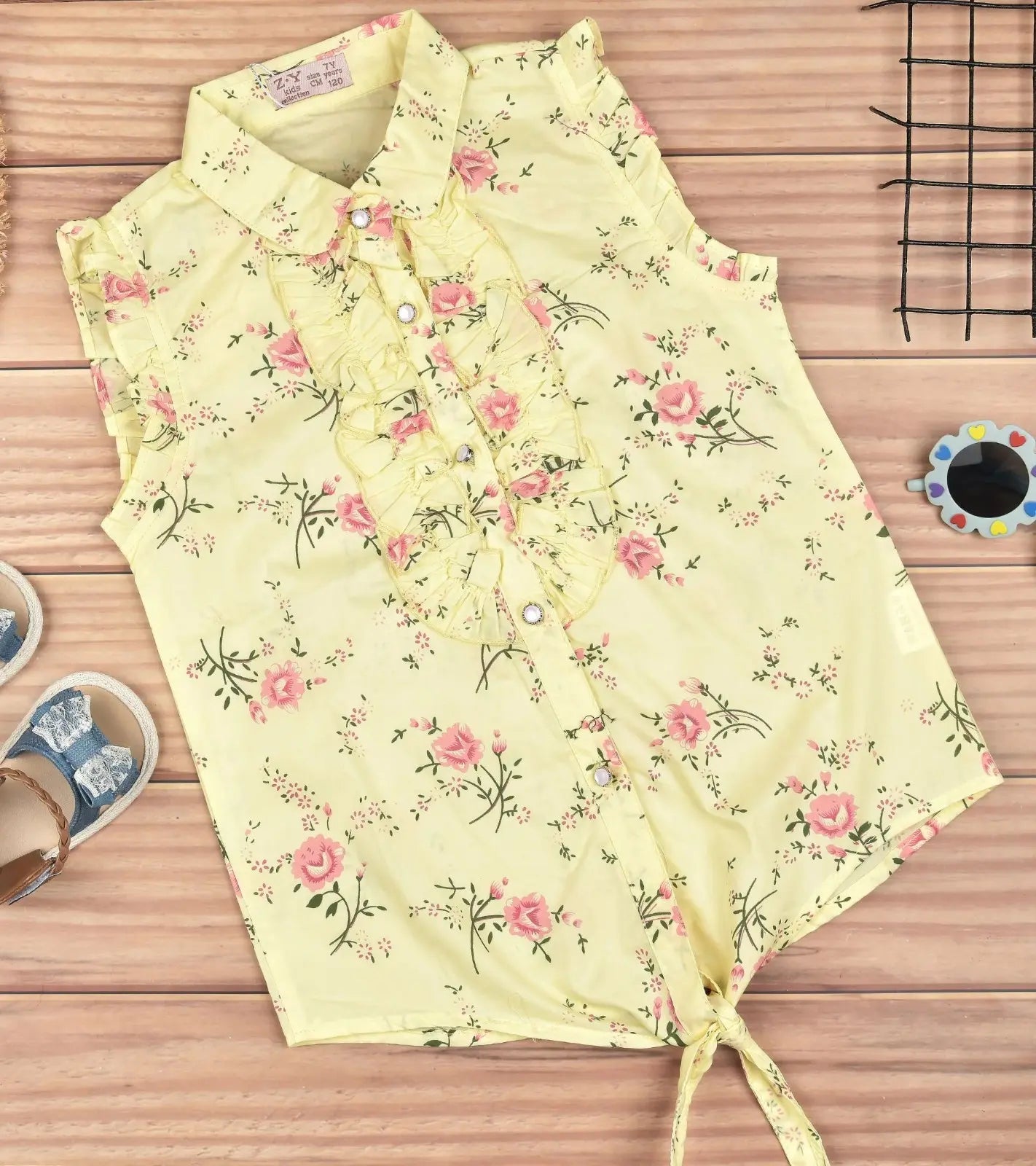 Premsons® Floral Fantasy Girls’ Sleeveless Floral Top with Tie Knot & Ruffle Detail – Casual Shirt with Pockets