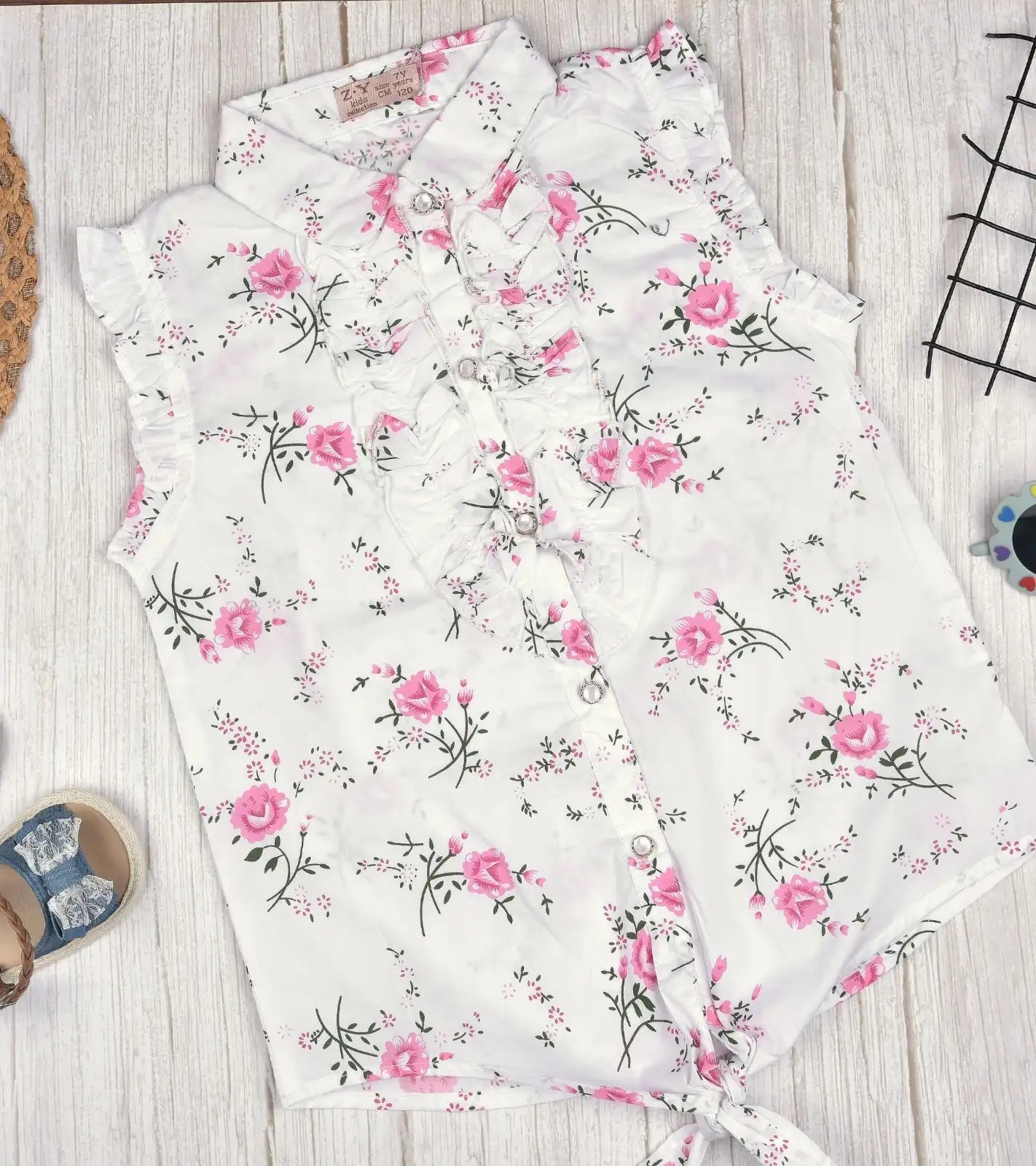Premsons® Floral Fantasy Girls’ Sleeveless Floral Top with Tie Knot & Ruffle Detail – Casual Shirt with Pockets
