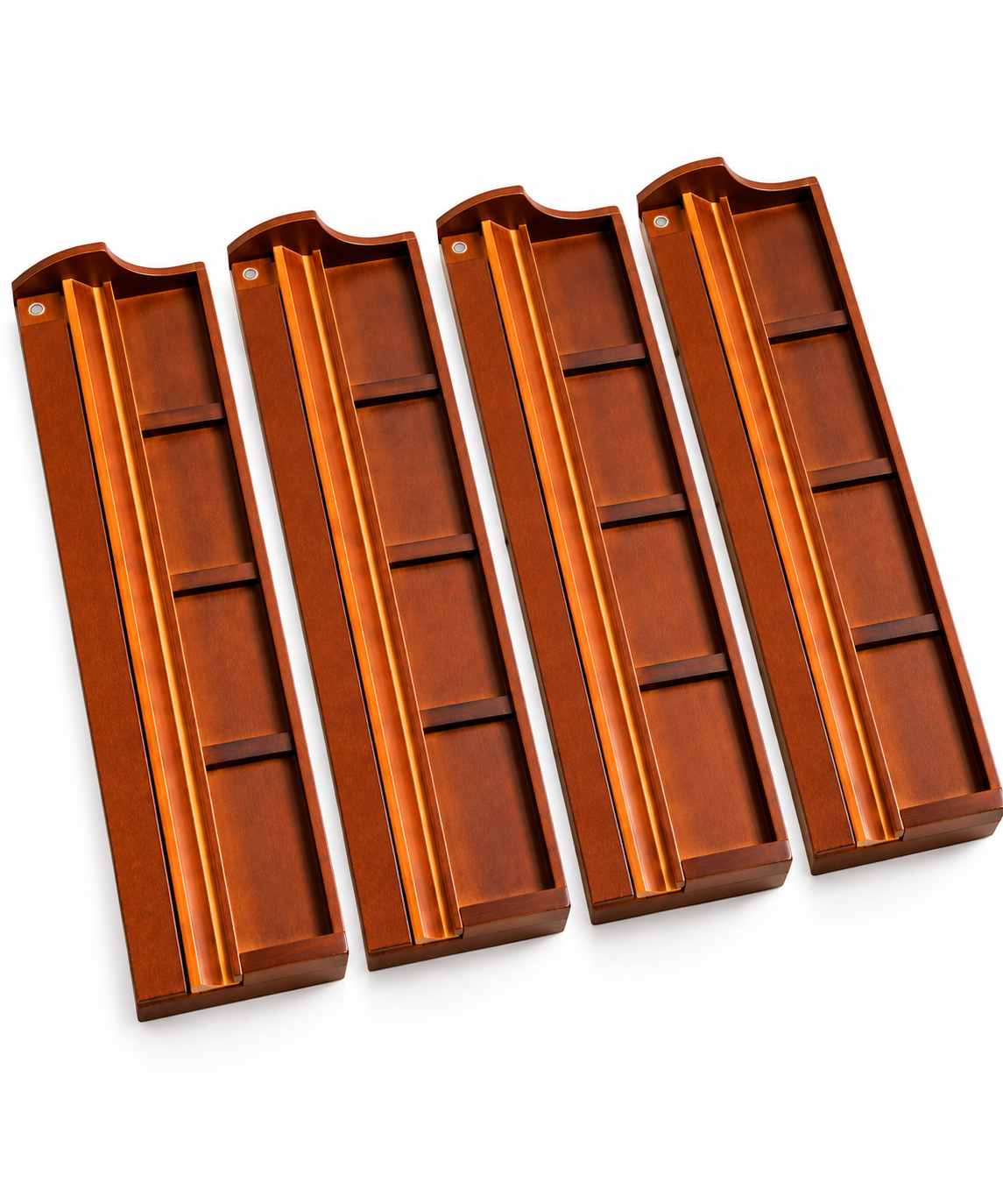Set of 4 wooden mahjong tile holders with magnetic pusher, open long slots