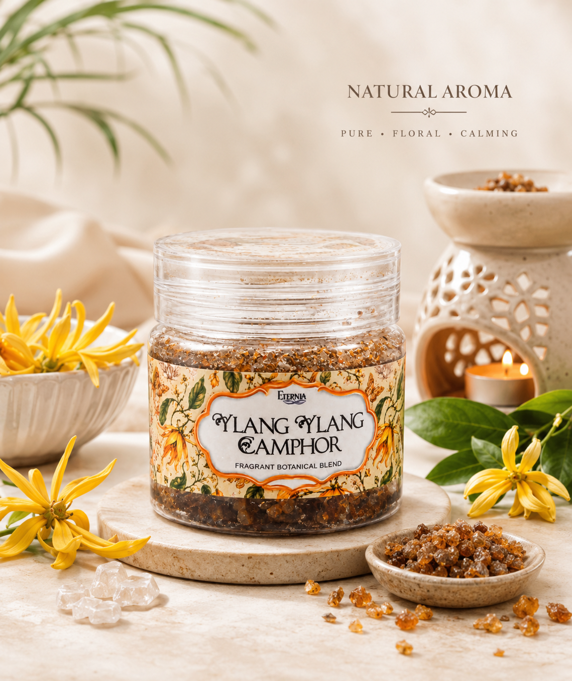 Eternia® Ylang Ylang Camphor Fragrant Botanical Blend | Luxury Floral Aroma Jar for Wardrobe, Bathroom, Home & Office Freshness