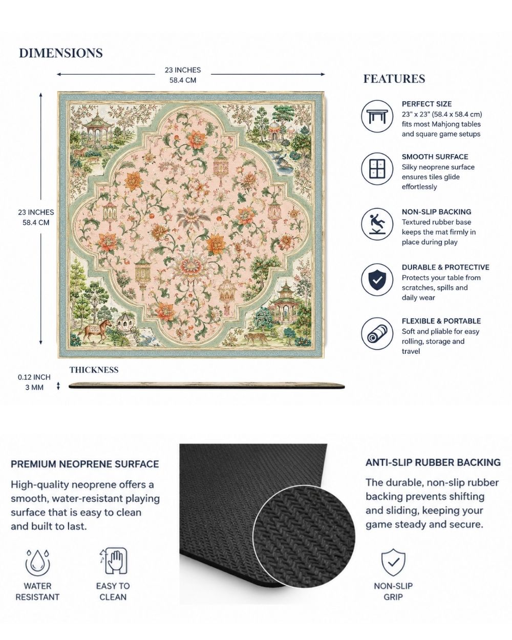 Premsons® Garden Sonata Mahjong Table Mat – Premium Anti-Slip Square Gaming & Decorative Mat - 23 x 23 inch - Versatile Non-Slip Play Surface