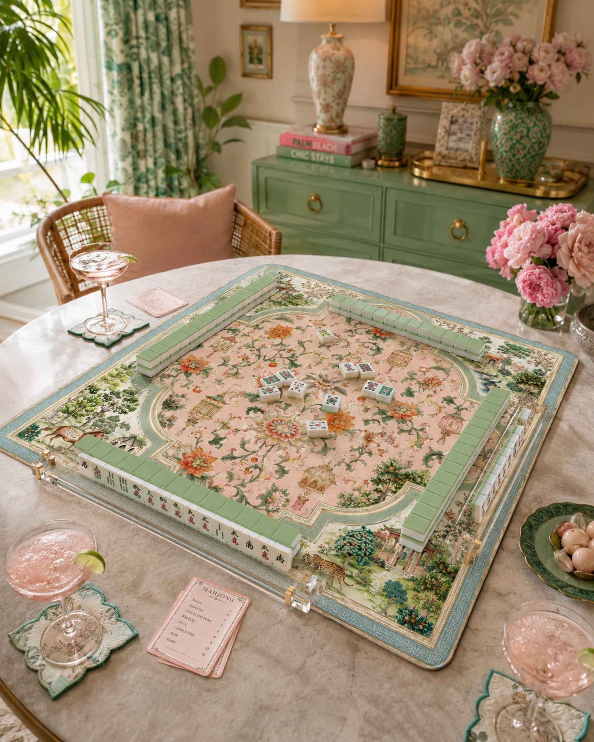 Square table mat with ornate garden floral print and teal border, laid flat on table