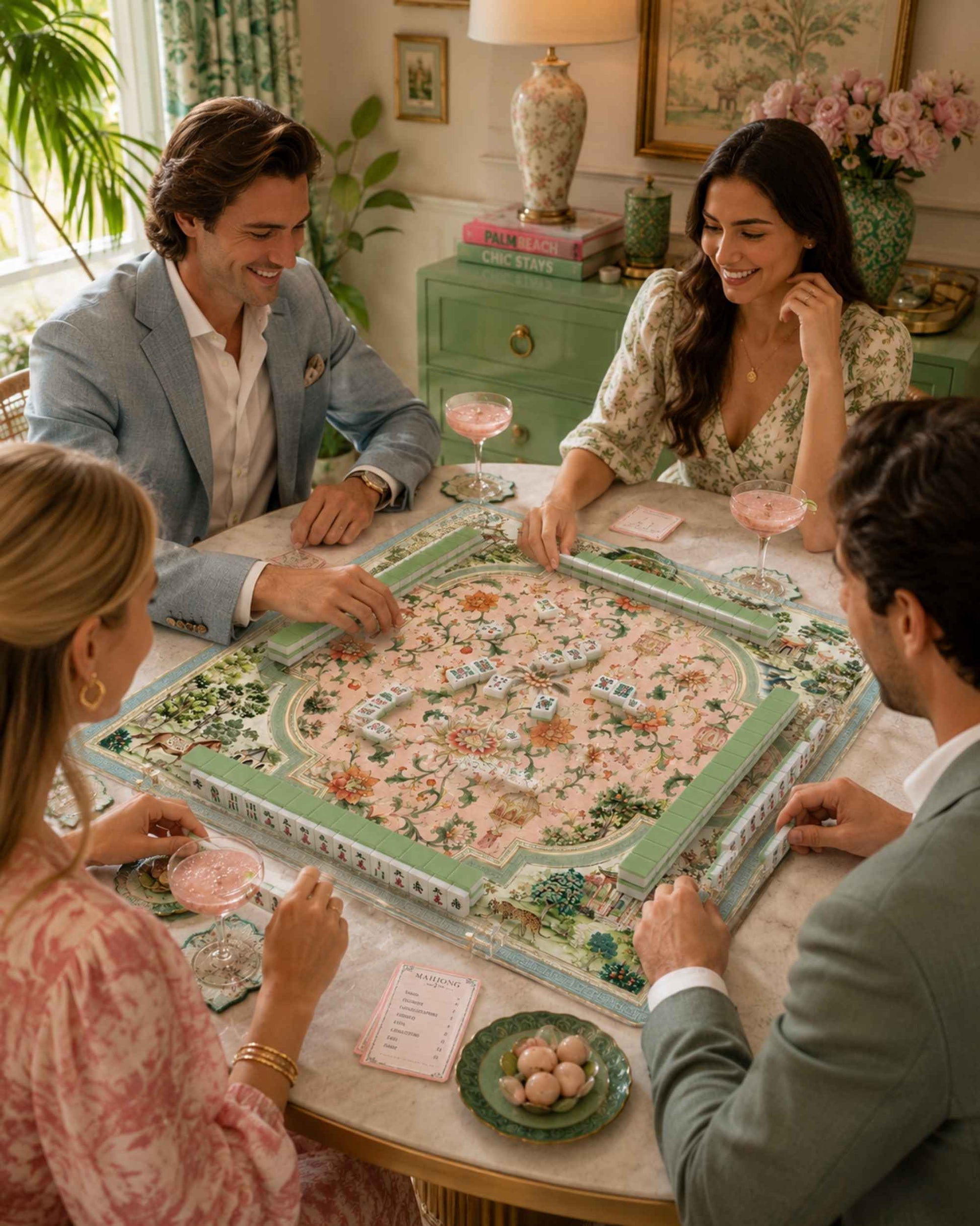 Square gaming table mat with garden centerpiece print and teal frame, used for play