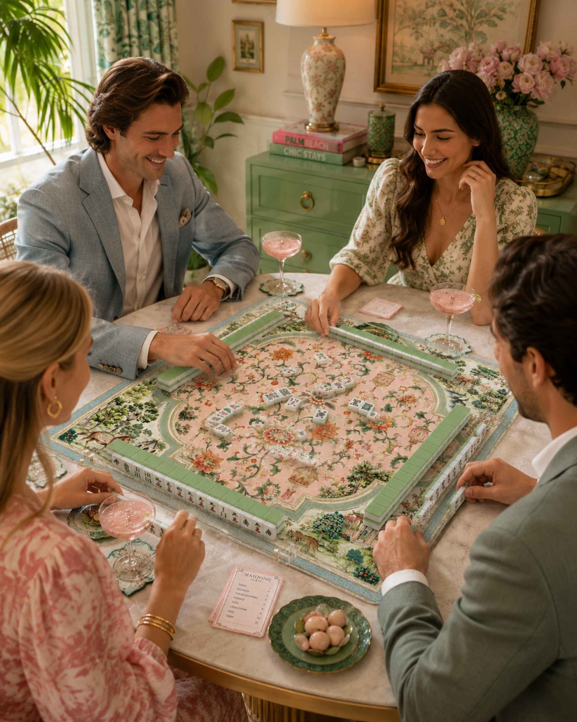 Square gaming table mat with garden centerpiece print and teal frame, used for play