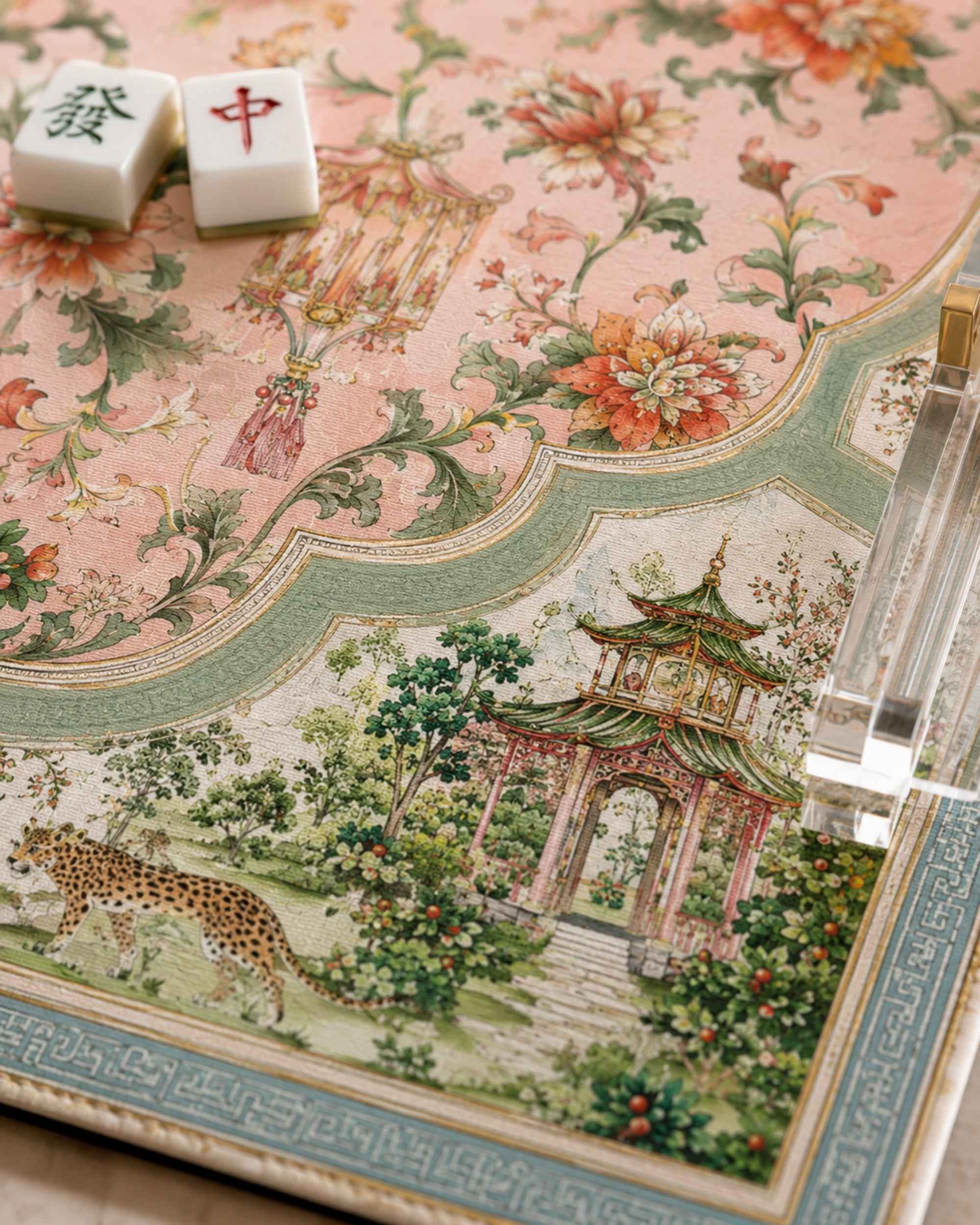 Square mat close-up: pink floral and birds scene with teal scroll border