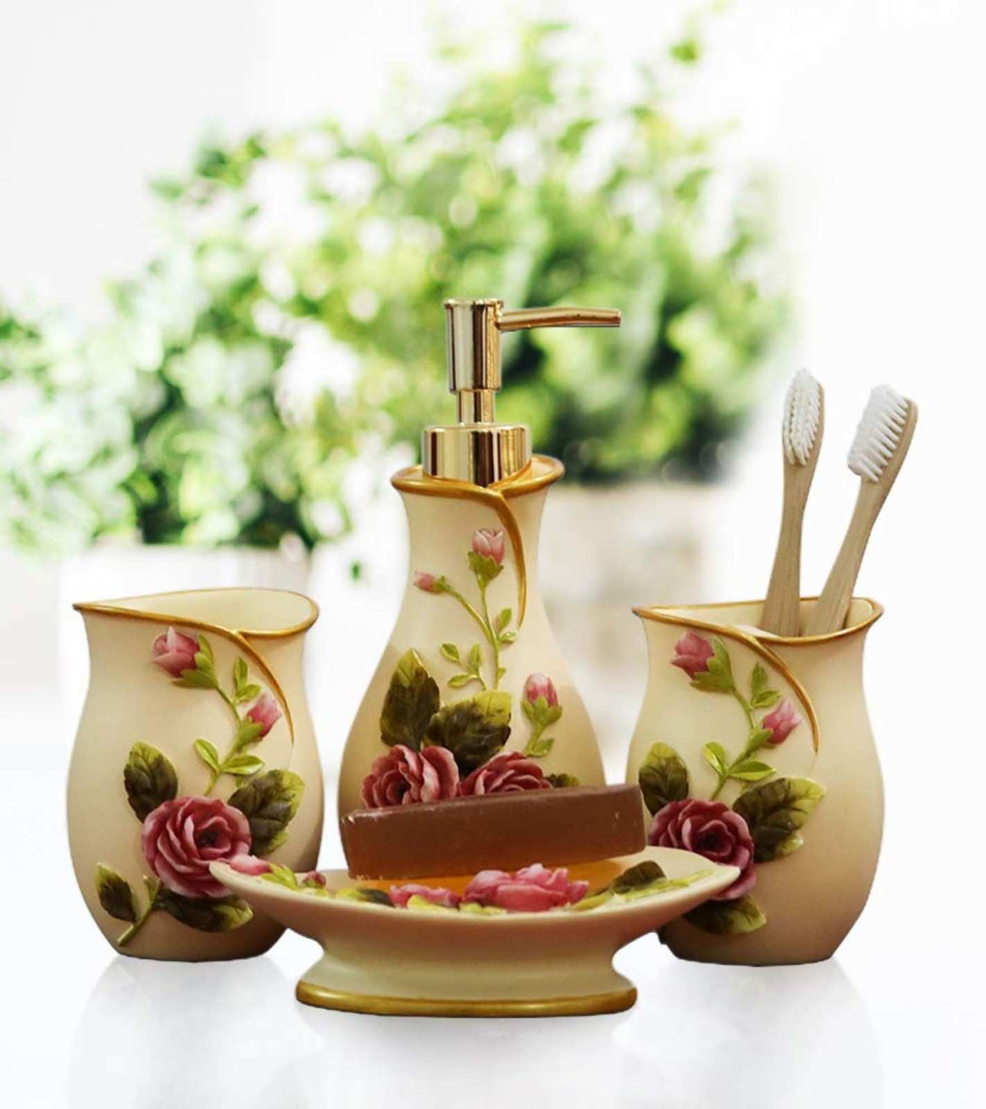 Premsons® Roses Bathroom Accessories Set of 4 – Dispenser, Soap Tray, Cup & Brush Stand – Durable Polyresin Finish