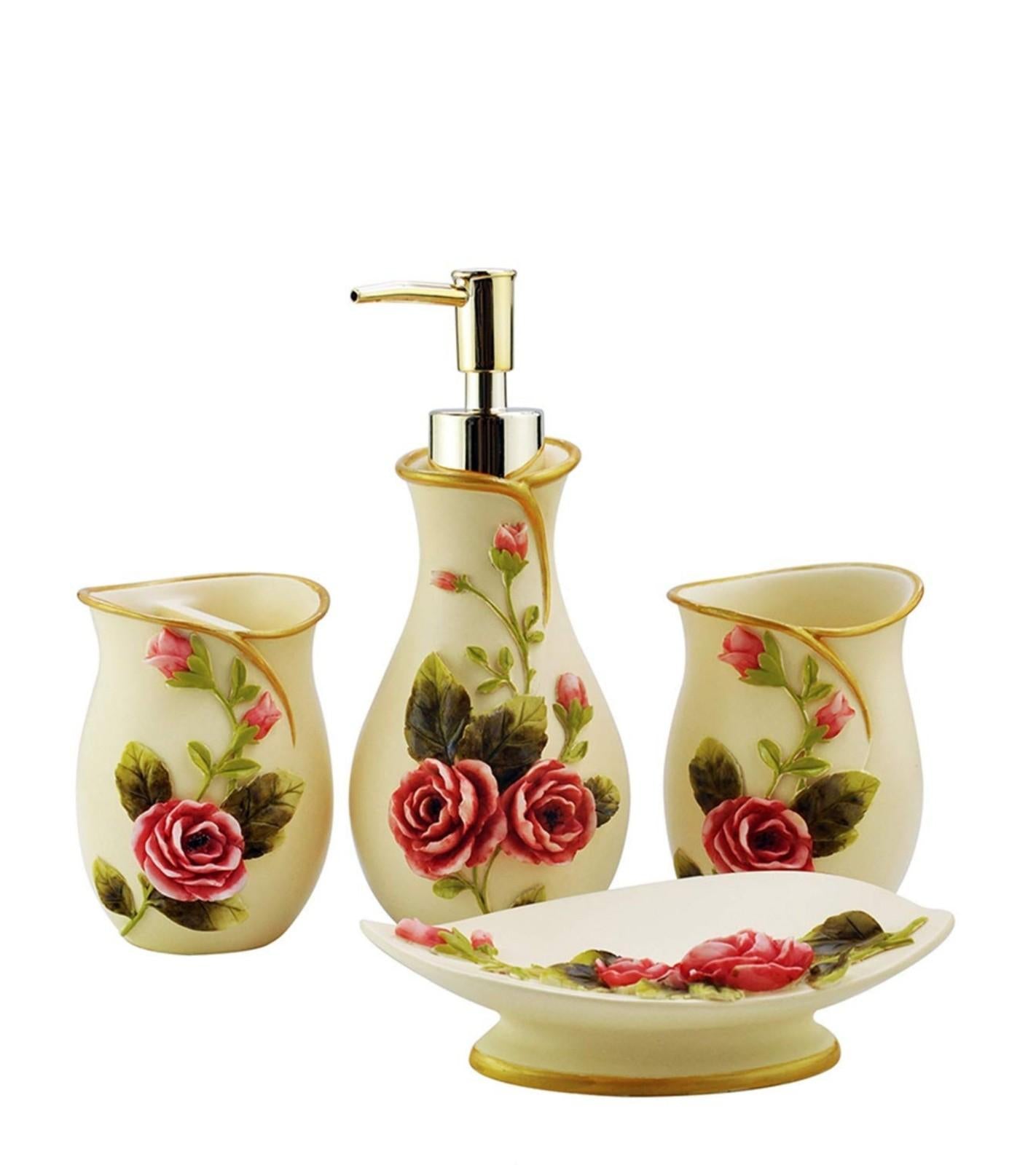 Premsons® Roses Bathroom Accessories Set of 4 – Dispenser, Soap Tray, Cup & Brush Stand – Durable Polyresin Finish