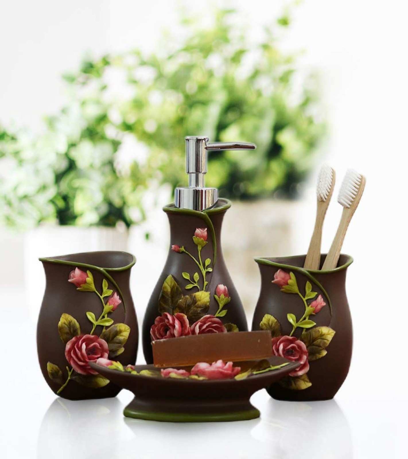 Premsons® Garden of Roses Bathroom Accessories Set of 4 – Dispenser, Soap Tray, Cup & Brush Stand – Durable Polyresin Finish