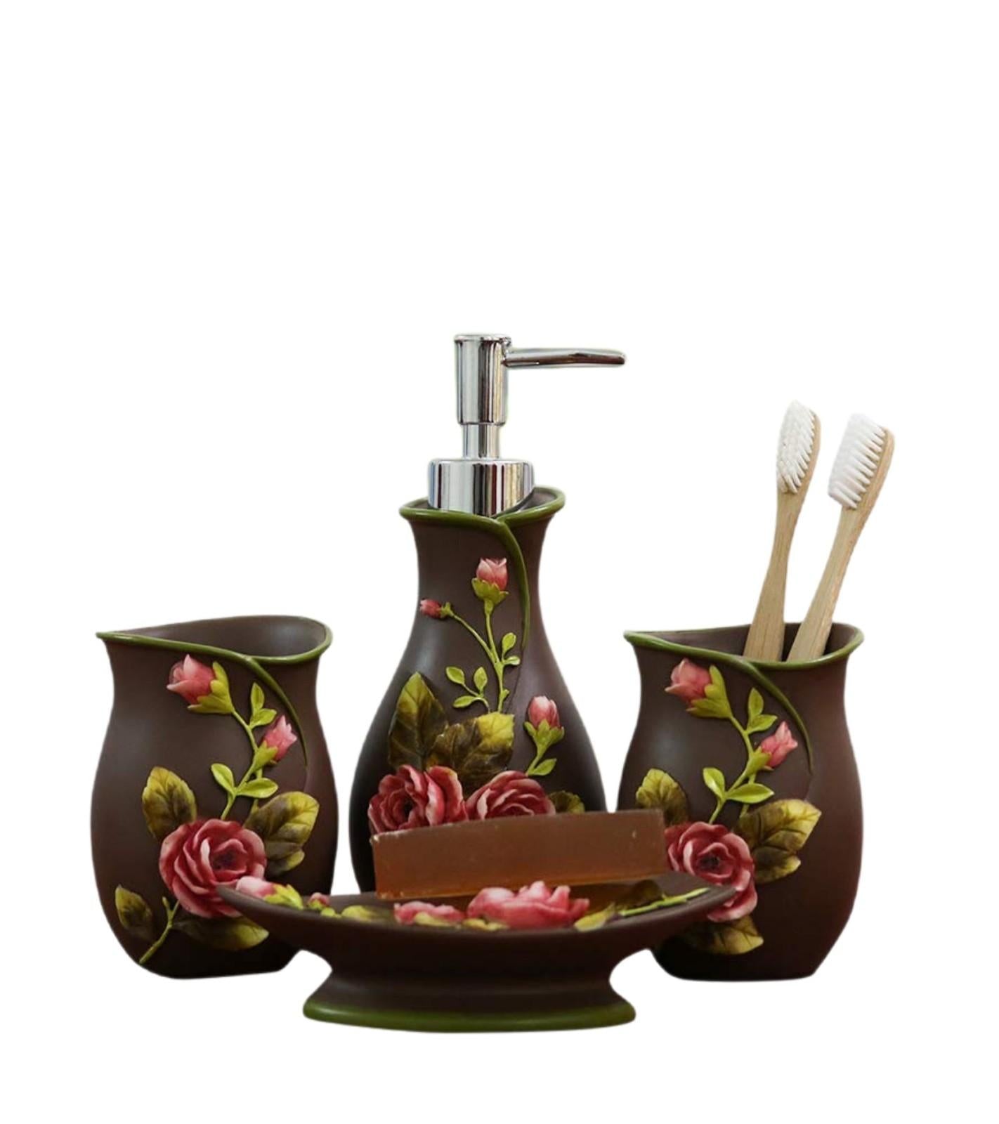 Premsons® Garden of Roses Bathroom Accessories Set of 4 – Dispenser, Soap Tray, Cup & Brush Stand – Durable Polyresin Finish