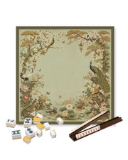 Square table mat with framed garden peacock scene, beige background and brown border