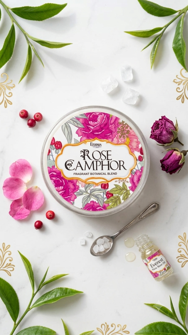 Rose camphor fragrance tin with rose label, open lid, visible camphor crystals