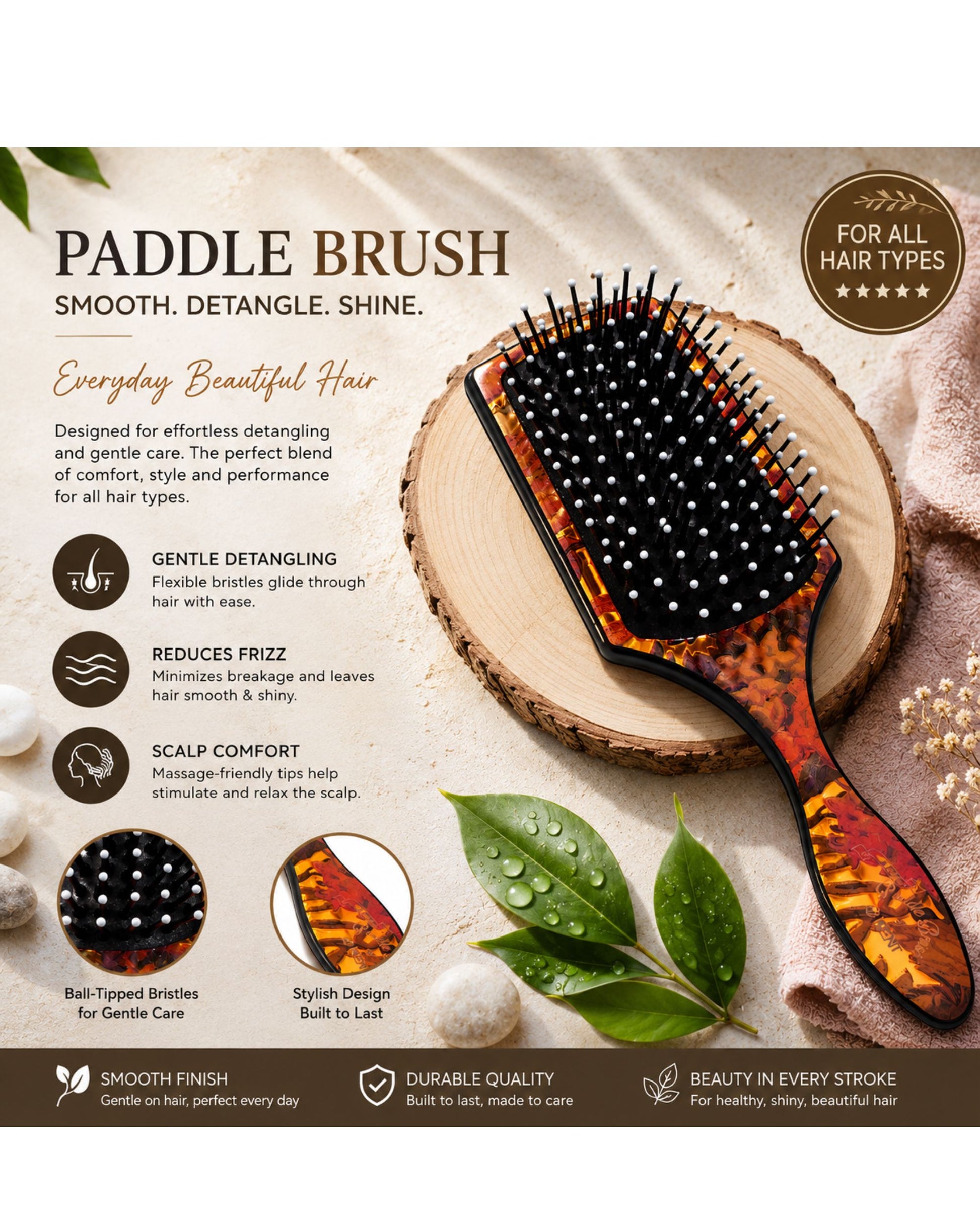 Printed paddle hair brush with black bristles, floral orange-brown cushion