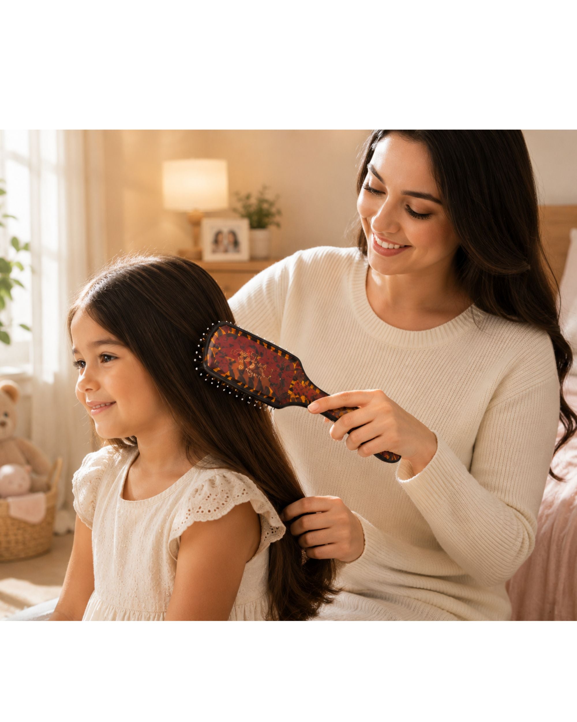 Floral paddle hair brush with black bristles, brushing long hair