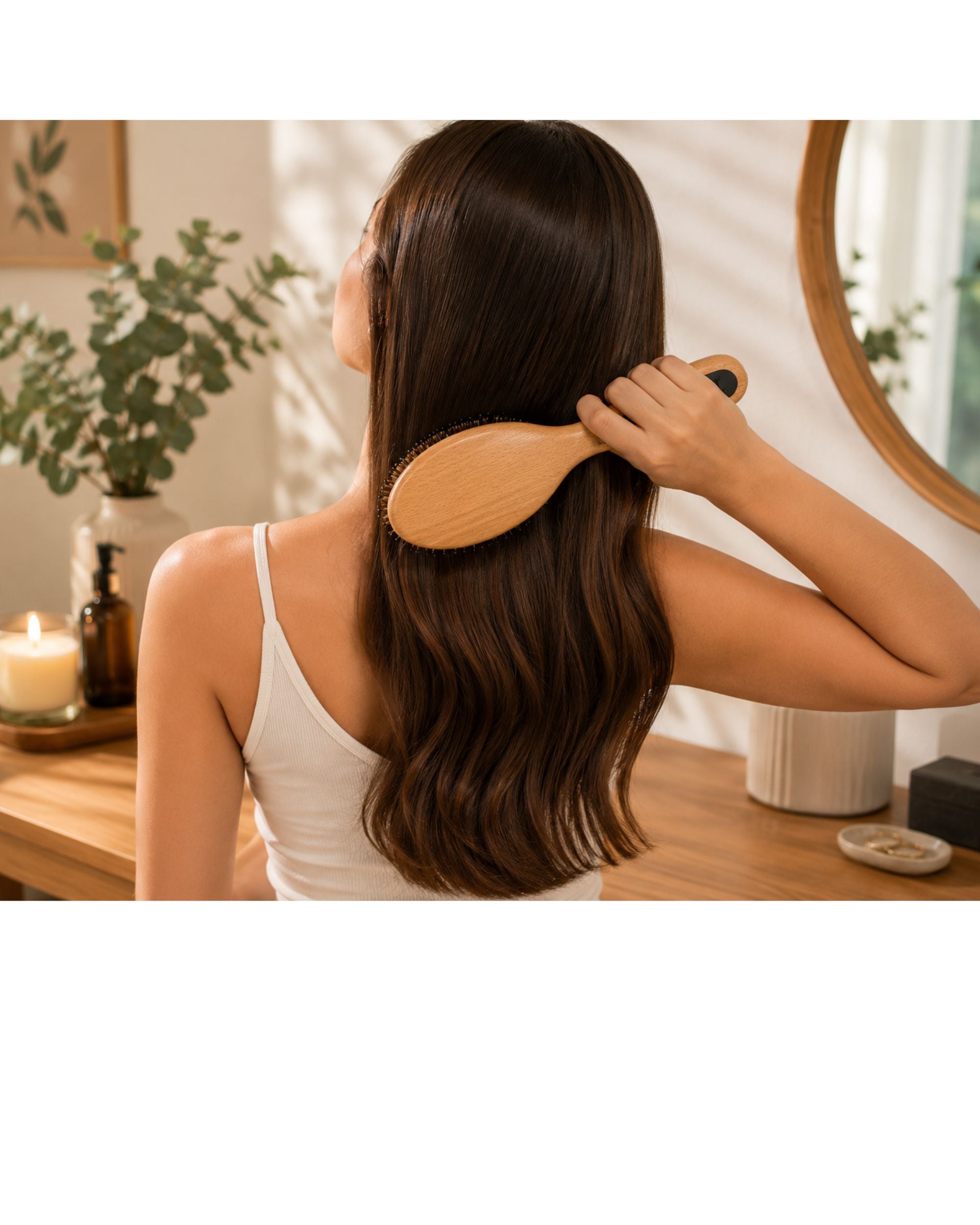 Beechwood cushion hair brush smoothing long hair, oval bristle head and wooden handle.