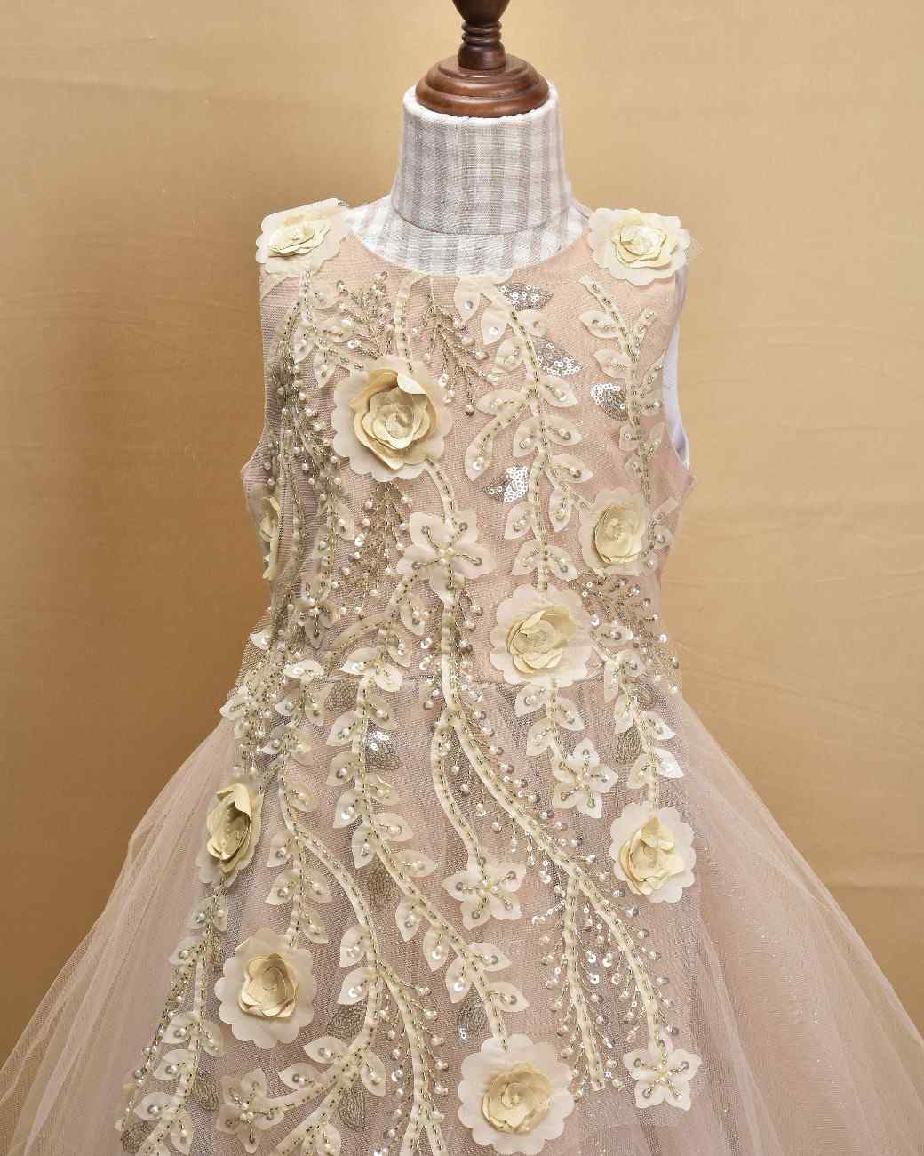 Premsons® Elegant Girls’ Party Frock – Sequin & Lace Embellishments – Beige