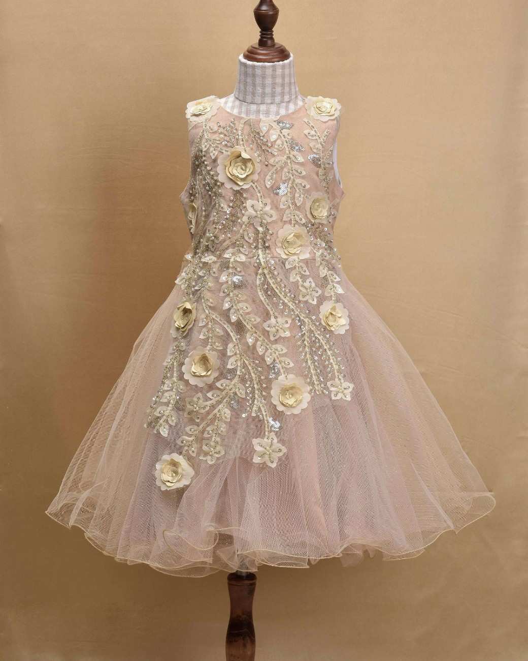 Premsons® Elegant Girls’ Party Frock – Sequin & Lace Embellishments – Beige