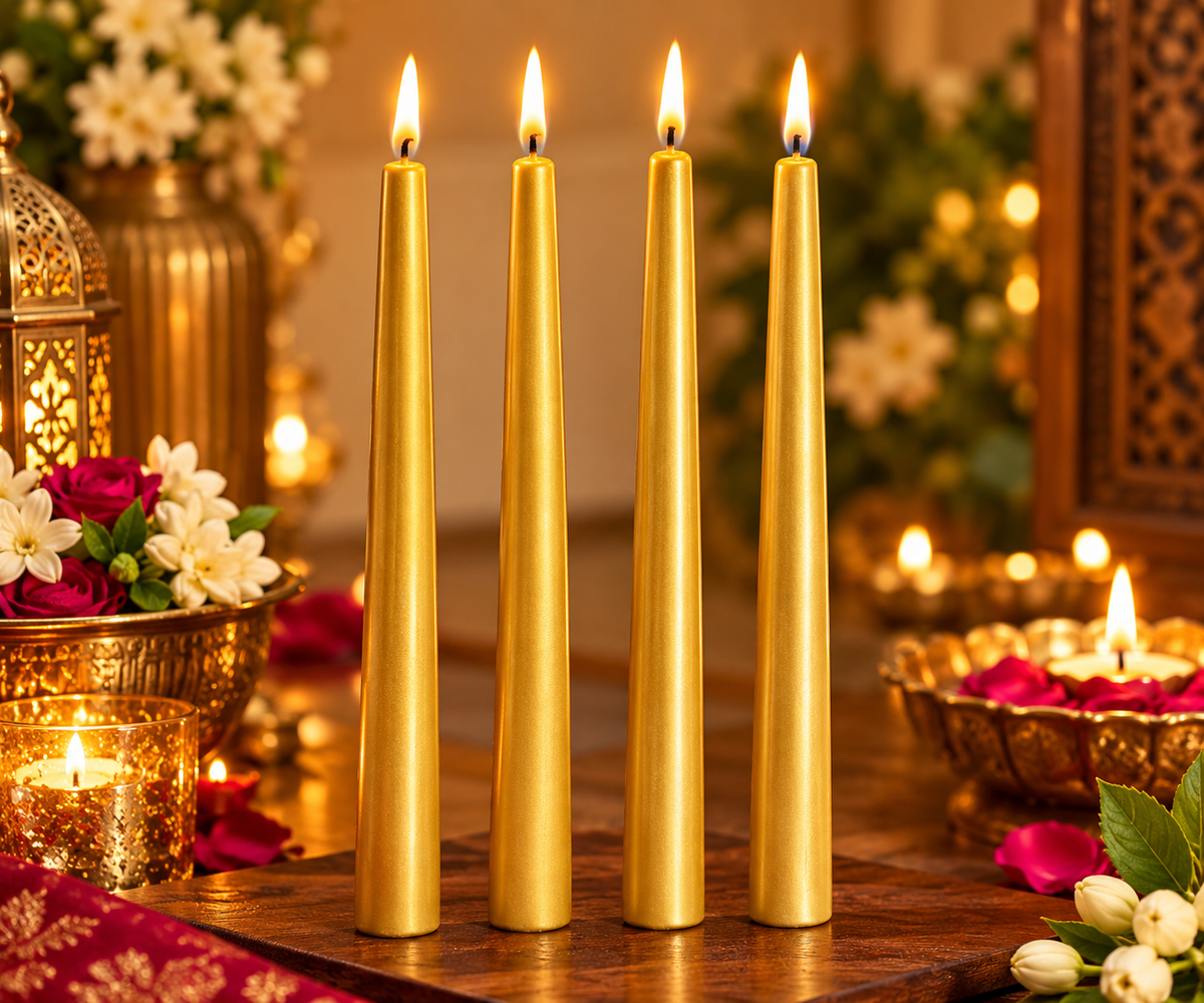 Set of 4 gold pillar candles with steady flames
