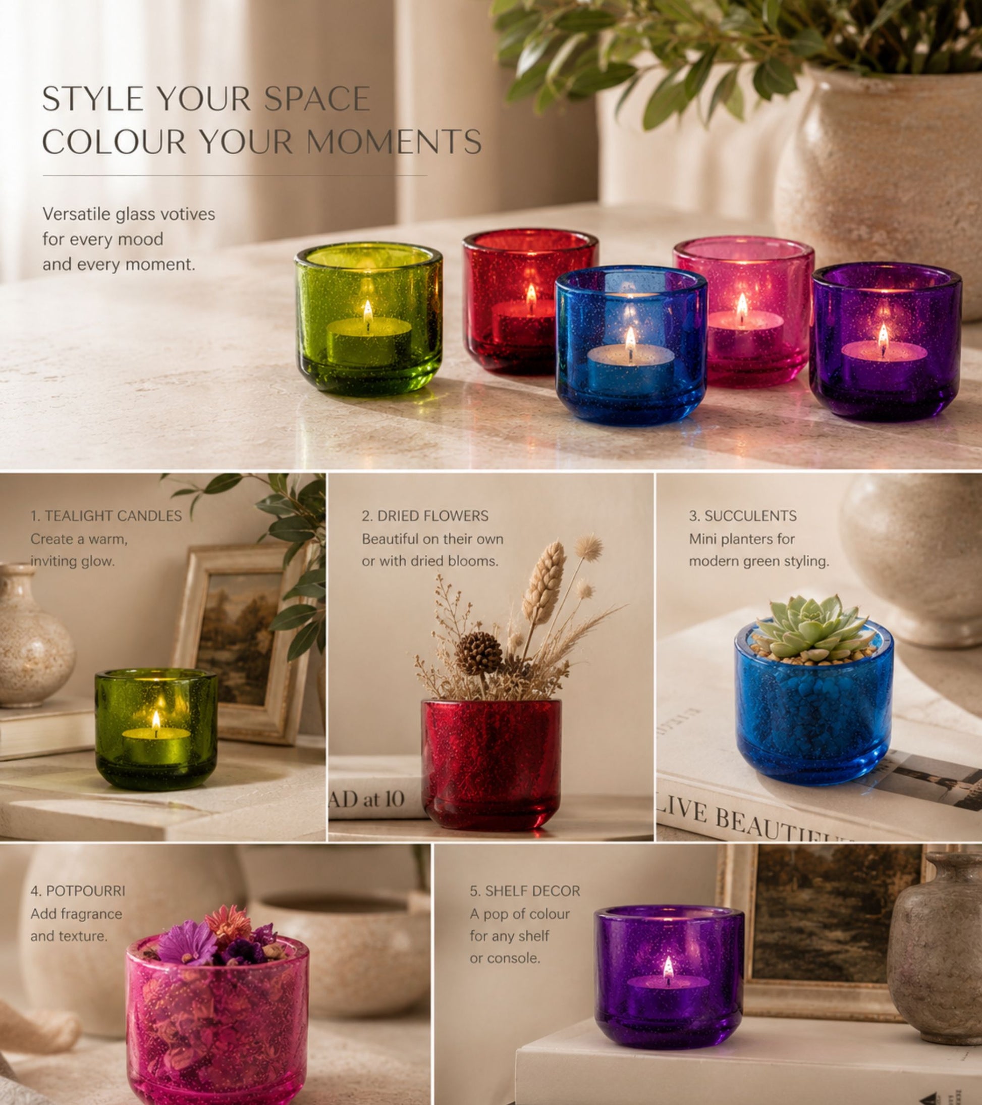 Colorful glass votive candle holders set with tealight candles in different colors