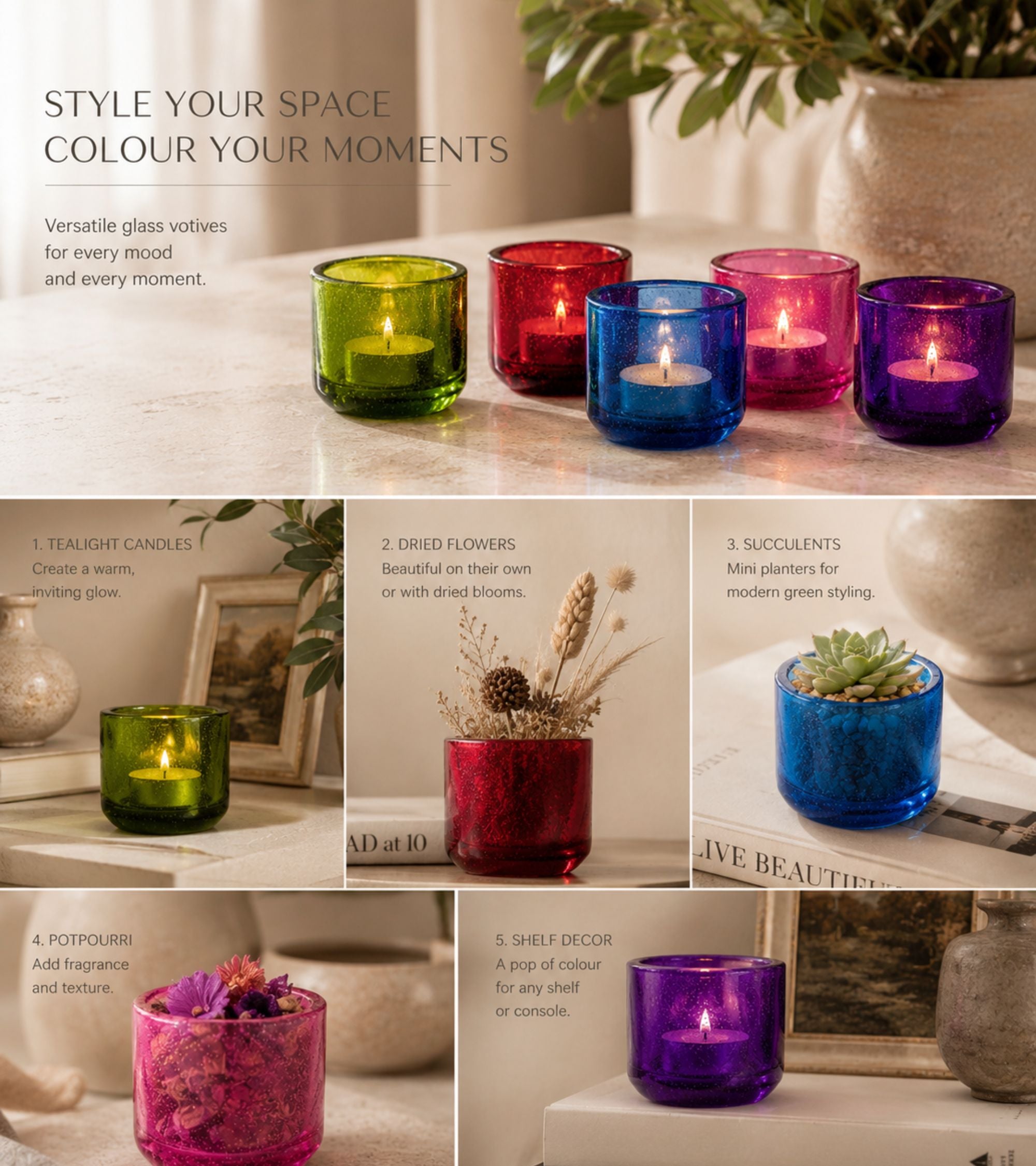 Colorful glass votive candle holders set with tealight candles in different colors