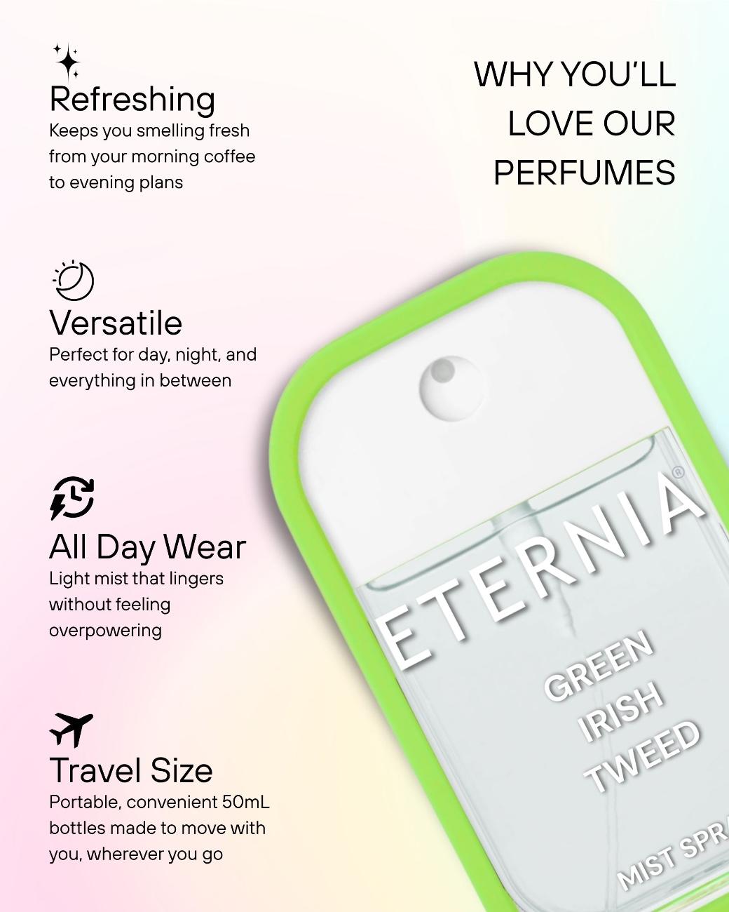 Eternia® Green Irish Tweed Perfume Mist Spray – Fresh Green, Violet & Sandalwood | Long-Lasting 50ml Men’s Fragrance Spray