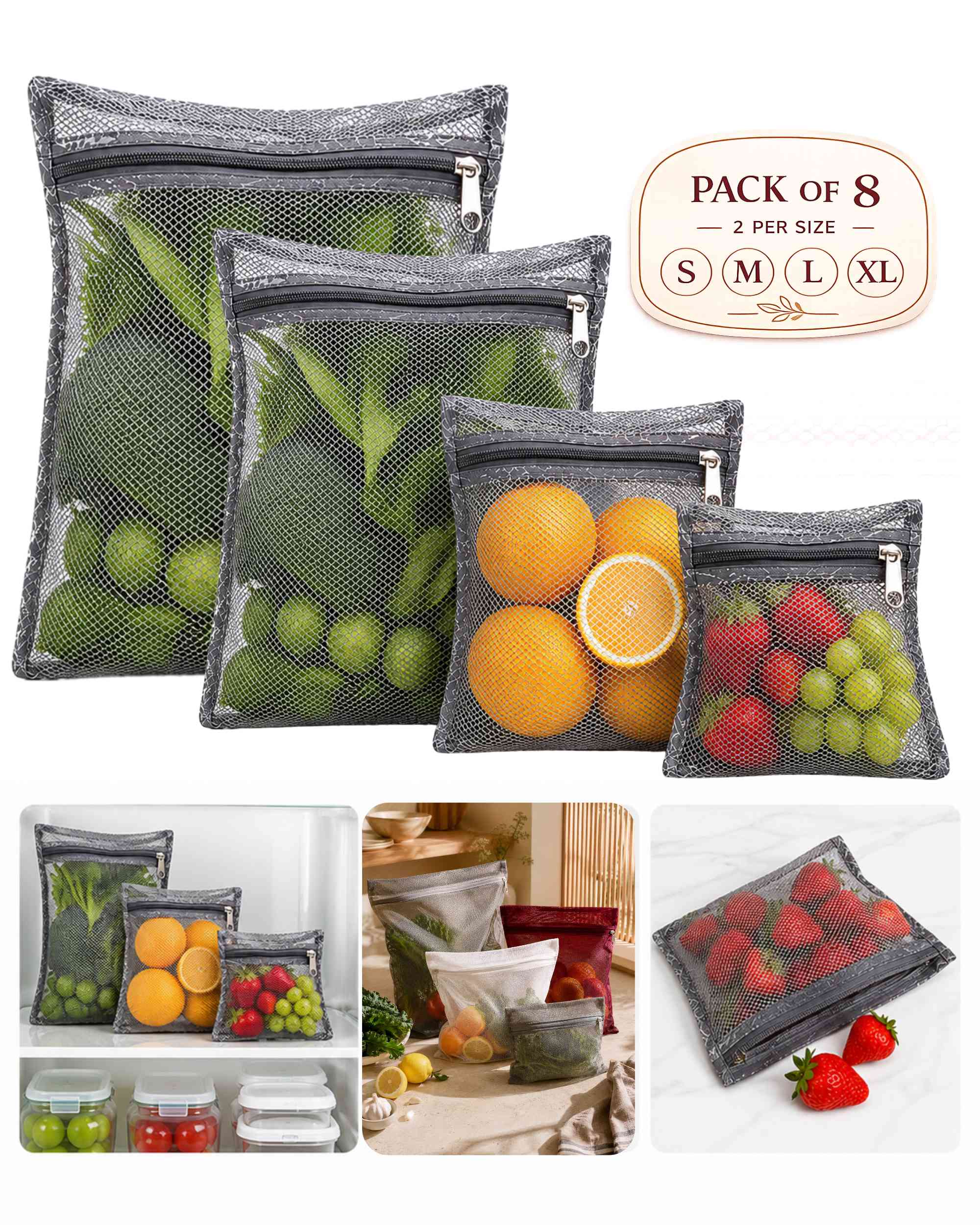 Grey reusable mesh fridge bags with zip tops, shown with assorted fruits and vegetables