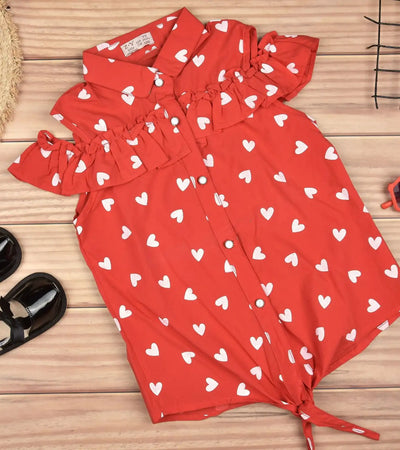 Premsons® Happy Hearts Girls’ Sleeveless Floral Top with Tie Knot & Ruffle Detail – Casual Shirt with Pockets