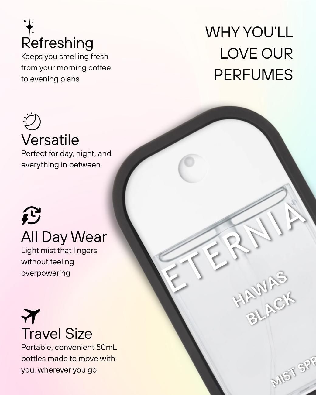 Eternia® Hawas Black Perfume Mist Spray – Citrus, Amber & Aromatic Woods | Long-Lasting 50ml Men’s Fragrance Spray