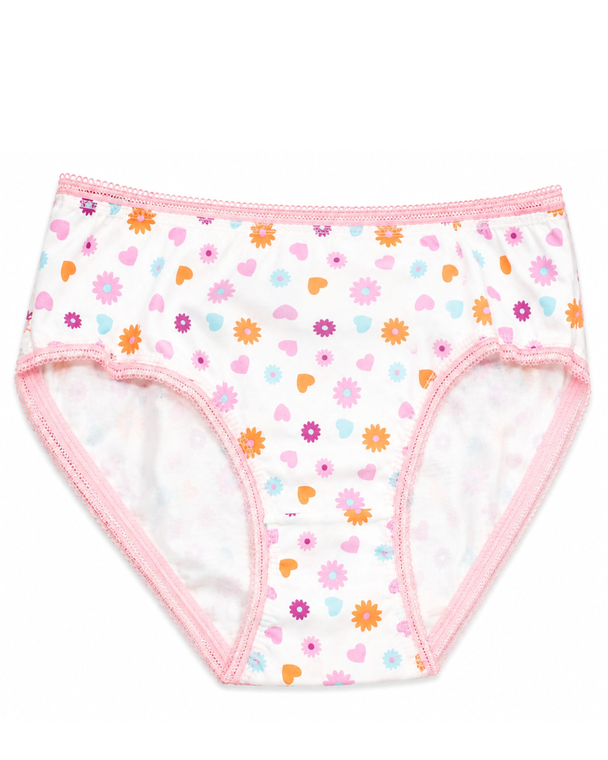 Girls' white briefs with colorful flower and heart print, pink contrast trim