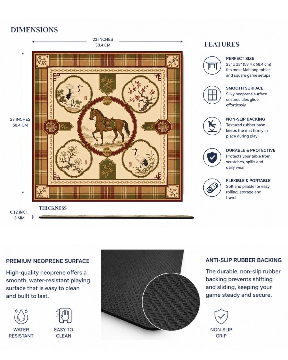 Premsons® Highlands Mahjong Table Mat – Premium Anti-Slip Square Gaming & Decorative Mat - 23 x 23 inch - Versatile Non-Slip Play Surface