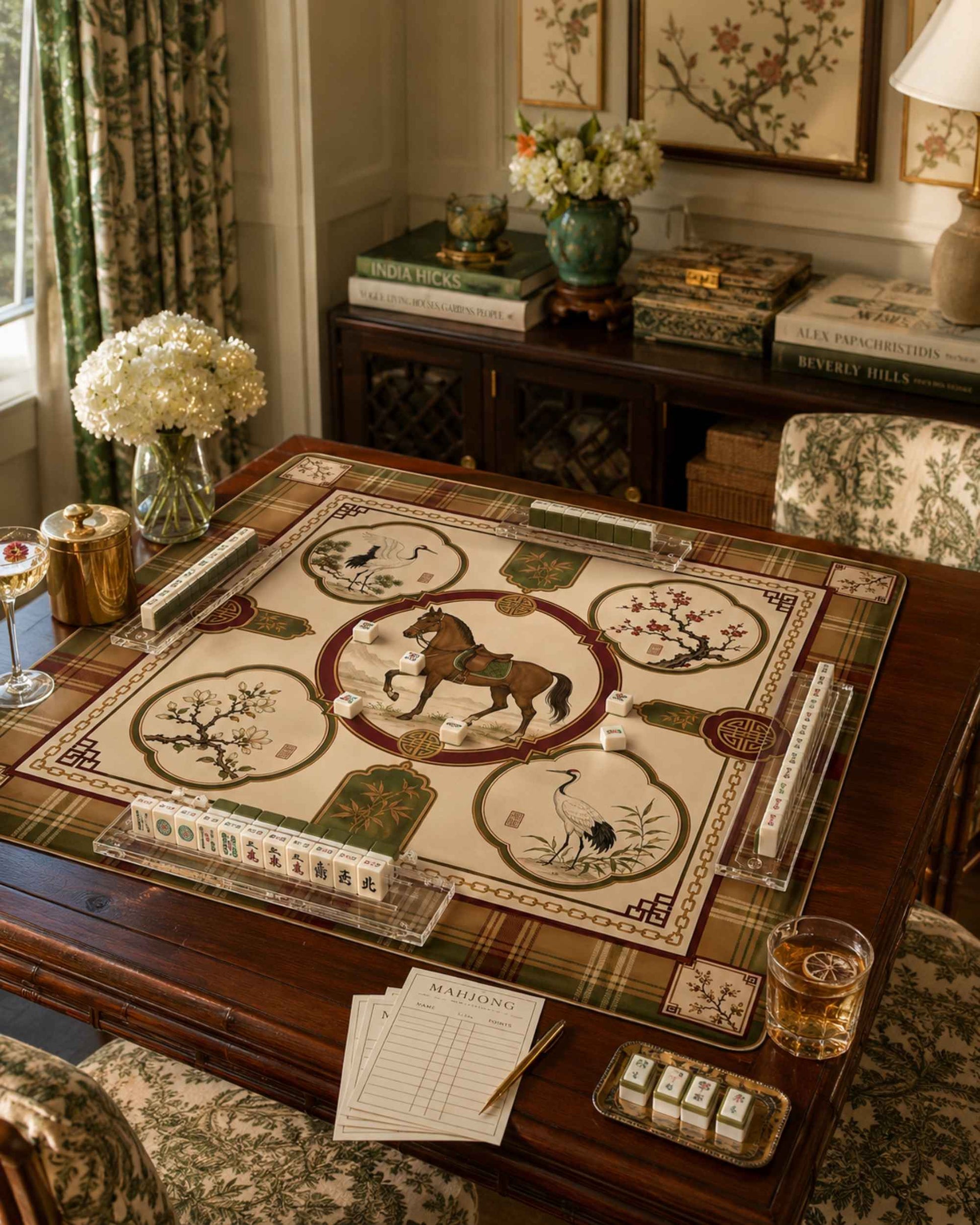 Square table mat with cream base, green and burgundy border, animal pattern