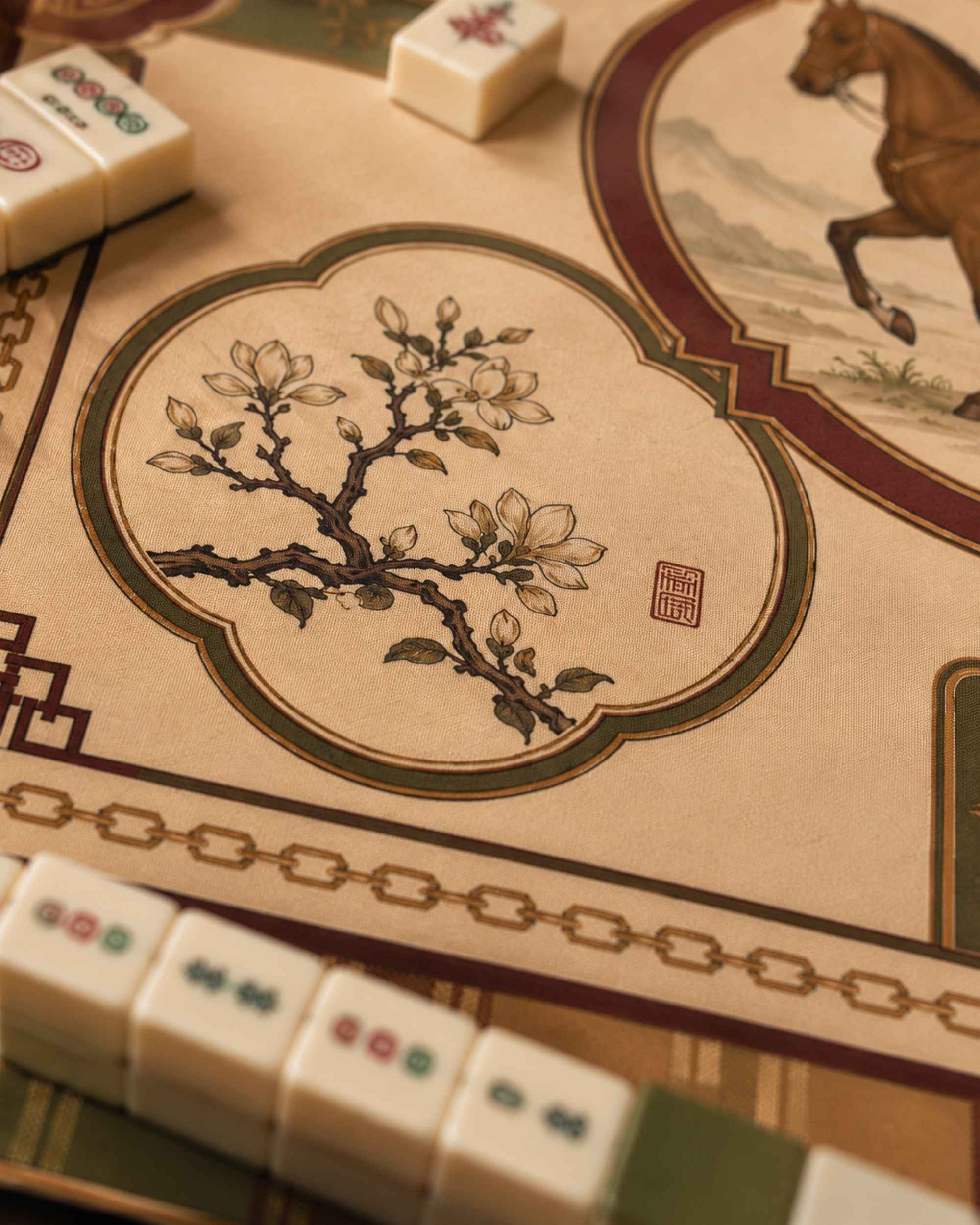 Close-up of square table mat: cream panel with dark green tree and floral border