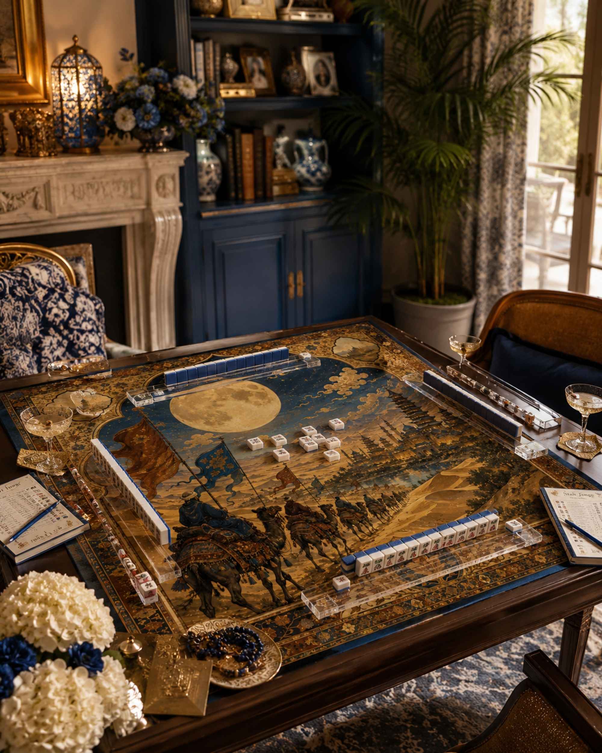 Square game table mat with ornate blue-and-gold border and central circular design