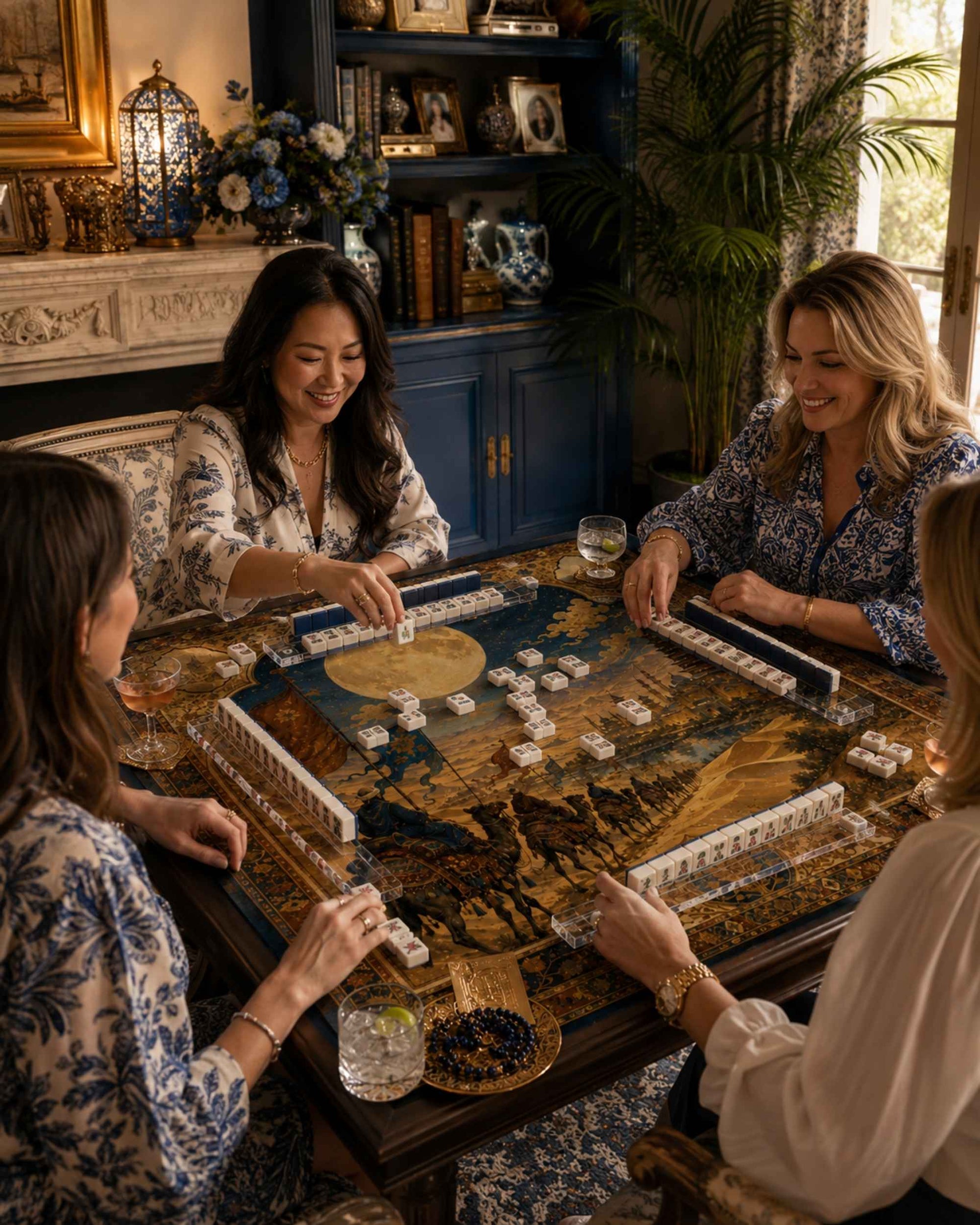 Square mahjong table mat with blue and gold ornate map-style artwork, non-slip surface