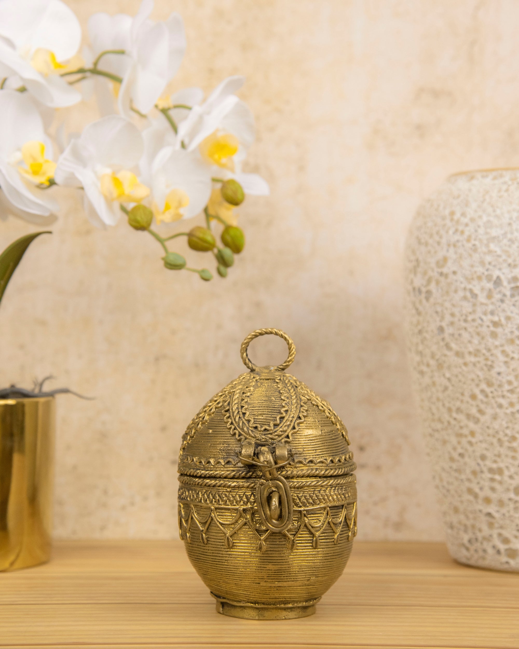 Premsons® Brass Decorative Container | Handcrafted Tribal Design Storage Box for Pooja, Home & Festive Décor