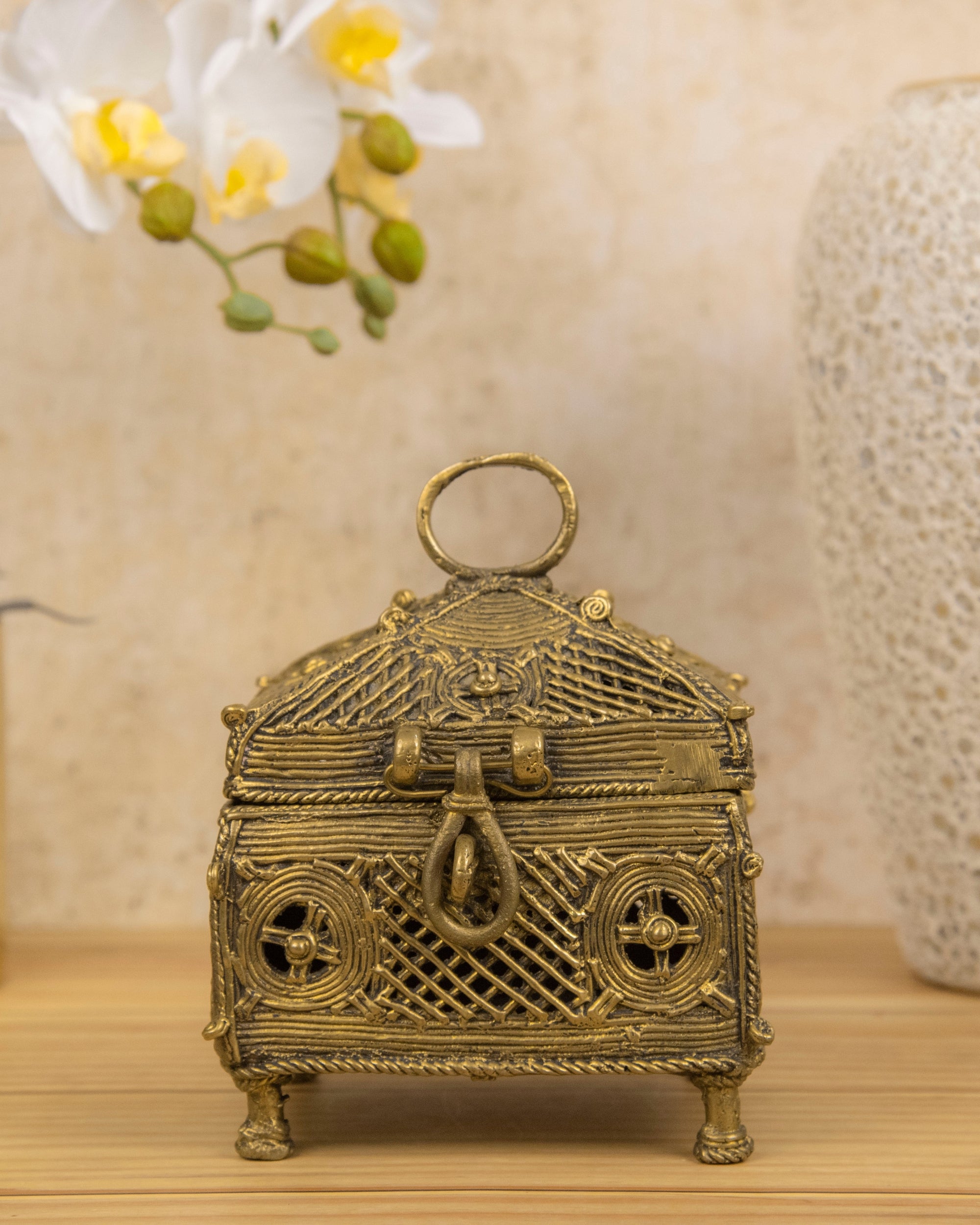 Premsons® Tribal Treasure Box Brass Figurine | Handcrafted Decorative Storage & Home Décor Accent