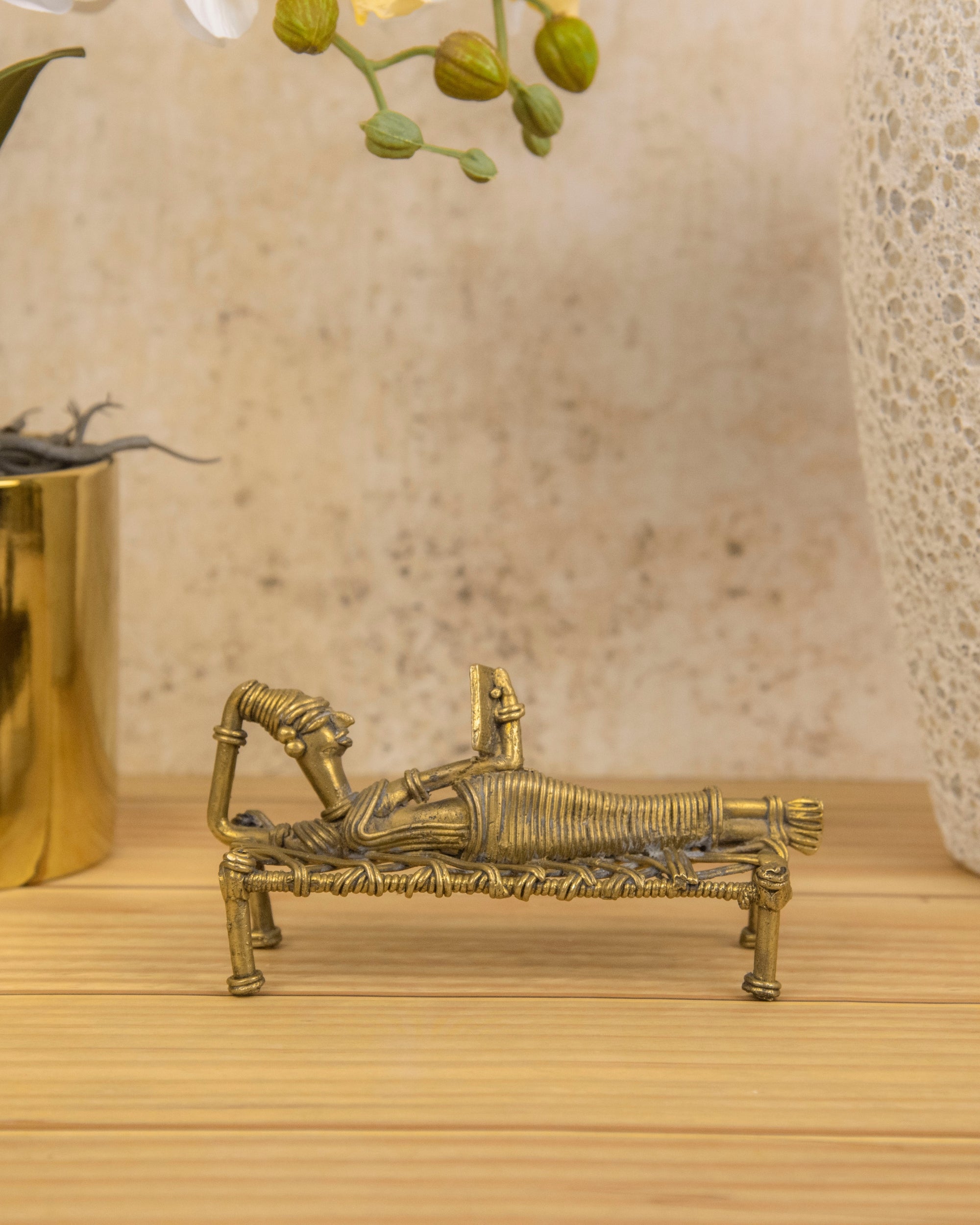 Premsons® Tribal Lady Reading Book Sleeping on Cot | Handcrafted Dhokra Craft Brass Figurine for Home & Office Décor