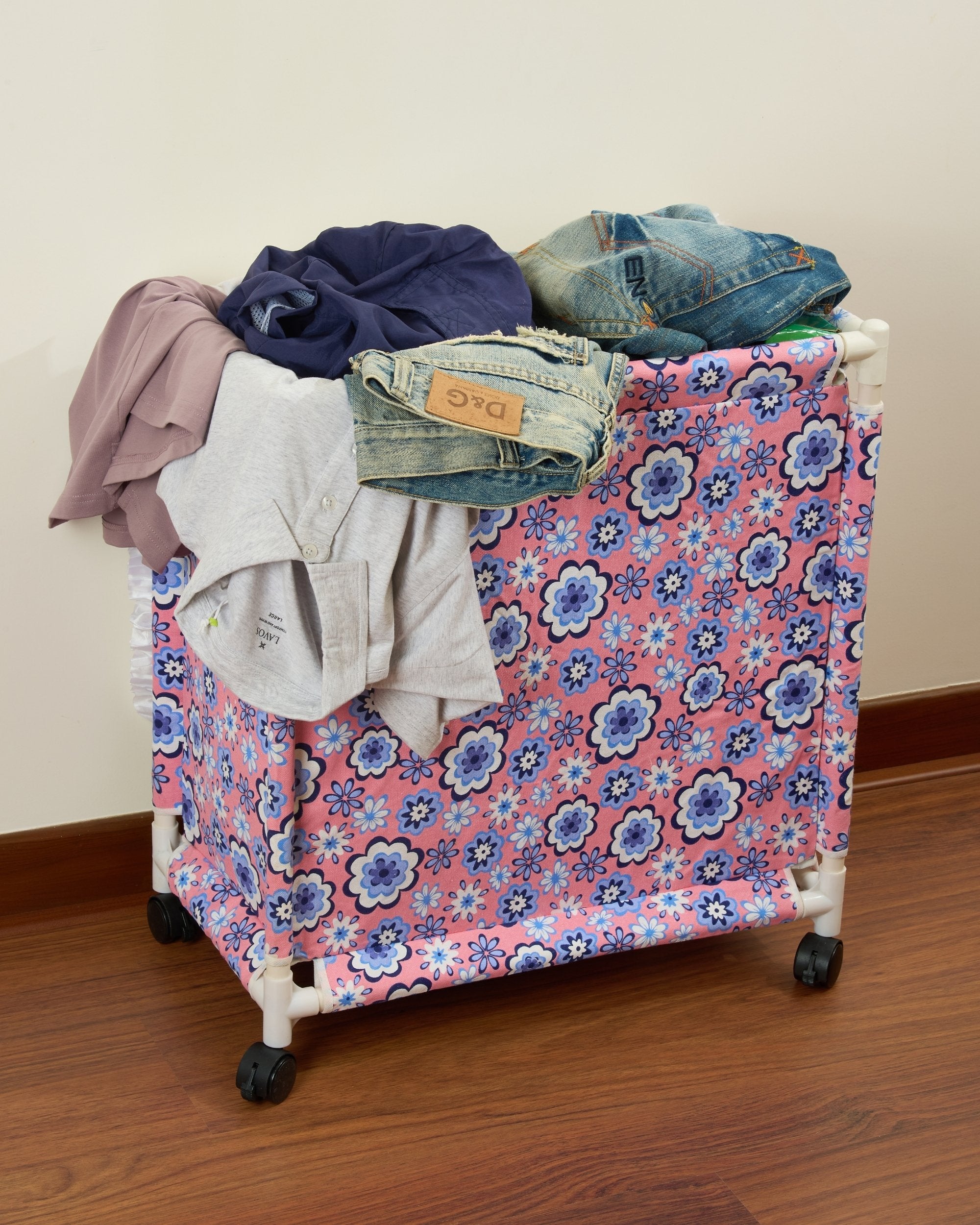 Premsons® Fabric Laundry Hamper with Lid Cover -Rolling Laundry Clothes Basket Trolley- with Wheels - Pink & Blue