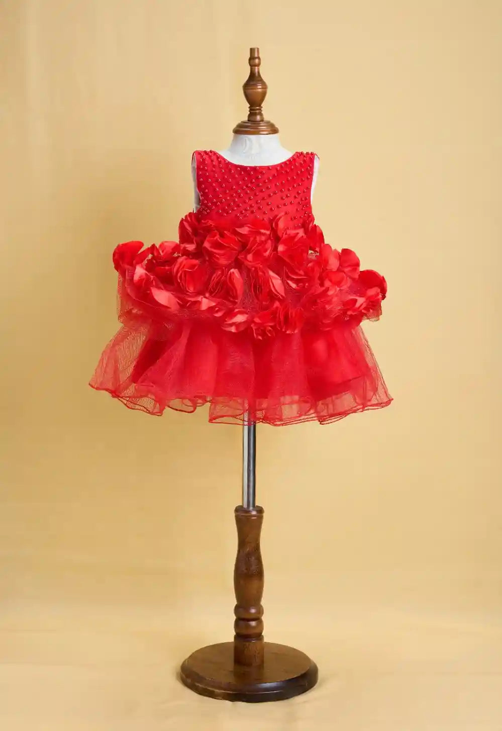 Premsons® Red Ruffle Baby Dress – Pearl Embroidered, Flower Waist Detail