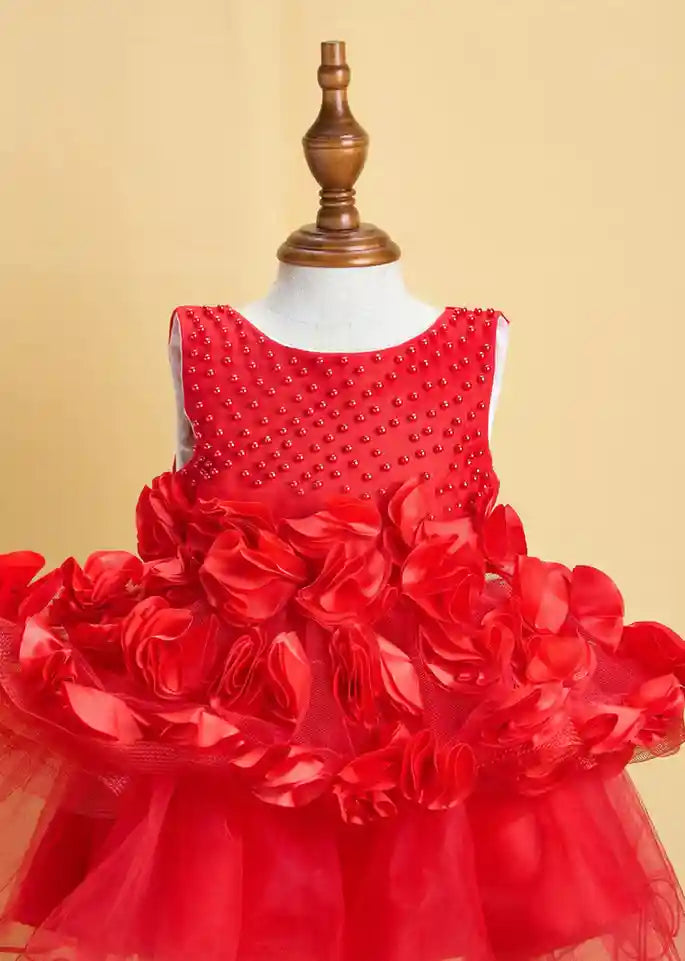 Premsons® Red Ruffle Baby Dress – Pearl Embroidered, Flower Waist Detail