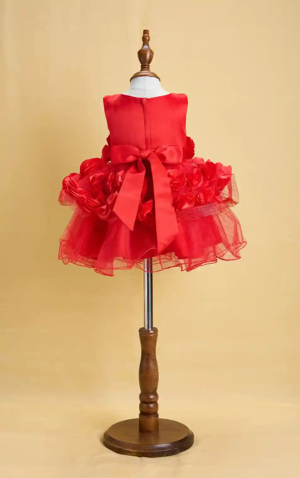 Premsons® Red Ruffle Baby Dress – Pearl Embroidered, Flower Waist Detail